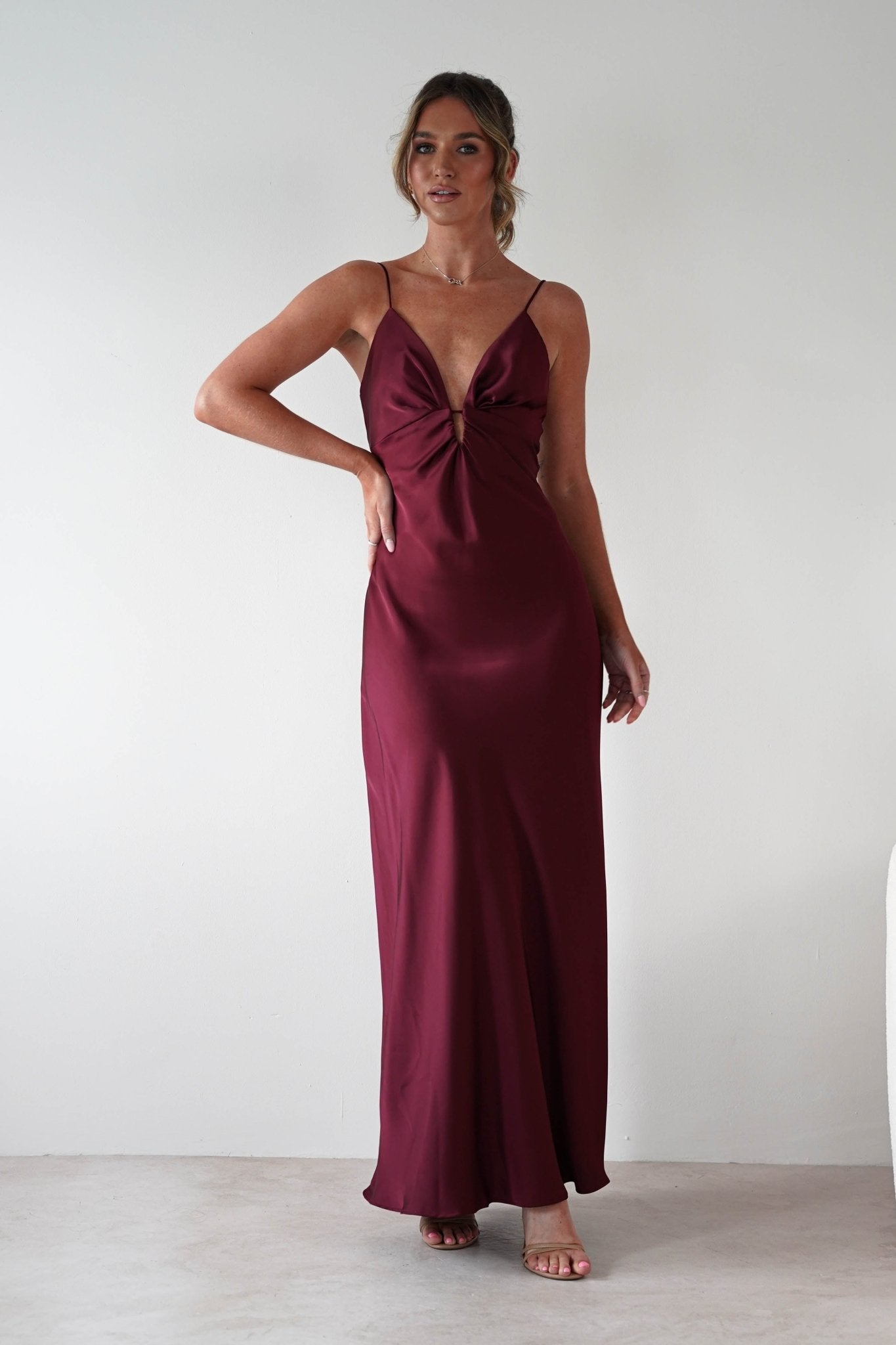 Adley Soft Satin Maxi Dress Burgundy | Wedding Guest Dress | Maxi | Satin | Oh Hello Clothing