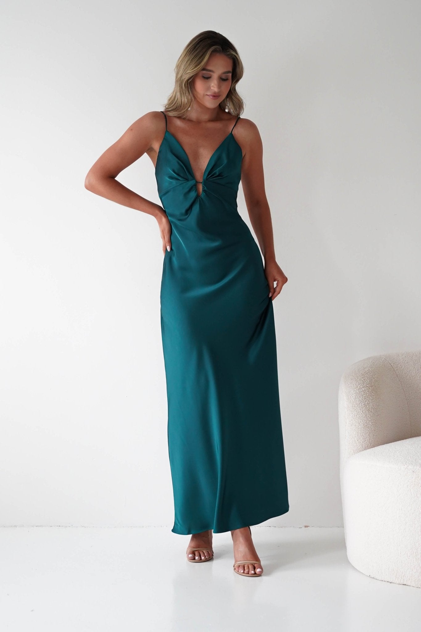 Adley Soft Satin Maxi Dress – Forest Green Satin Evening Dress | Oh Hello Clothing