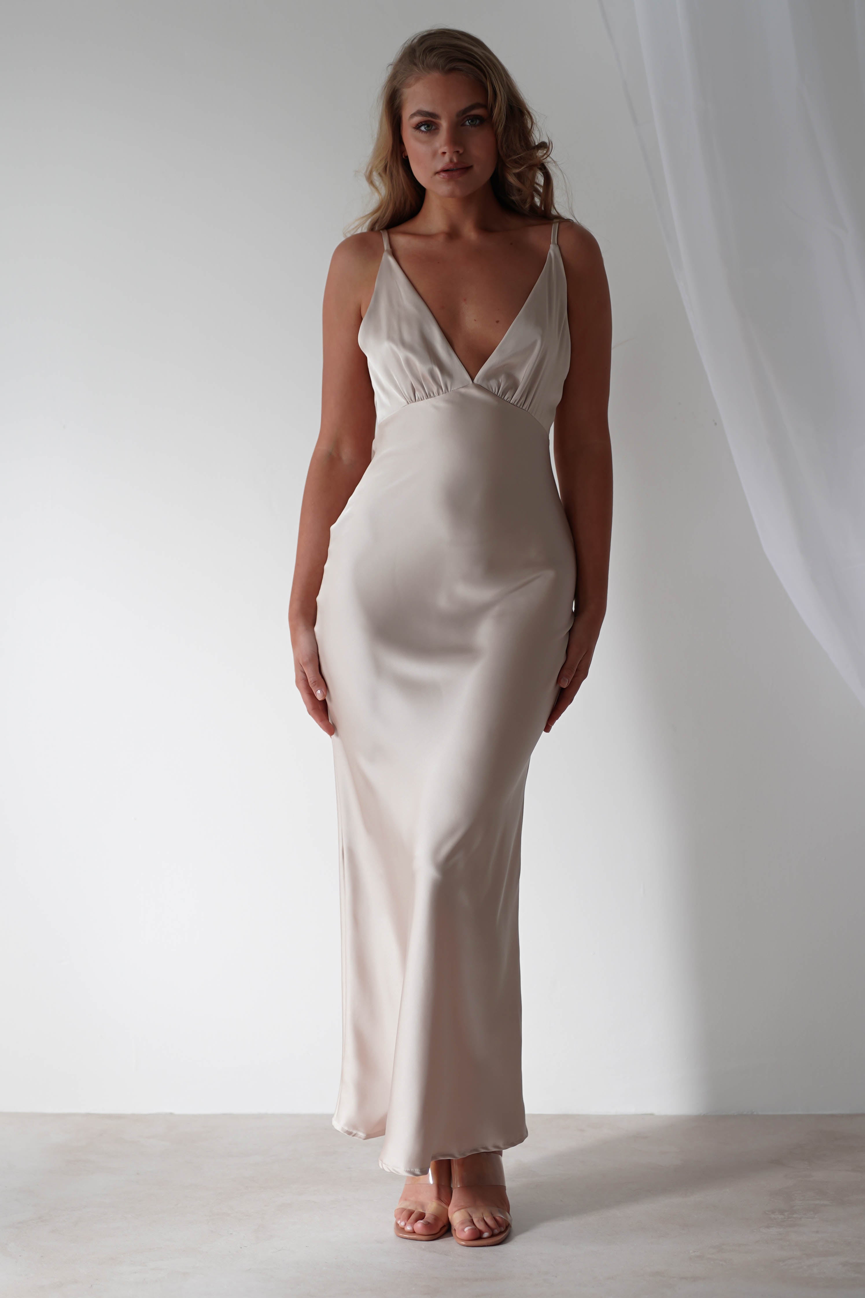 Aimie Soft Satin Maxi Dress | Champagne | Graduation | Bride To Be Hen Dress | Oh Hello Clothing