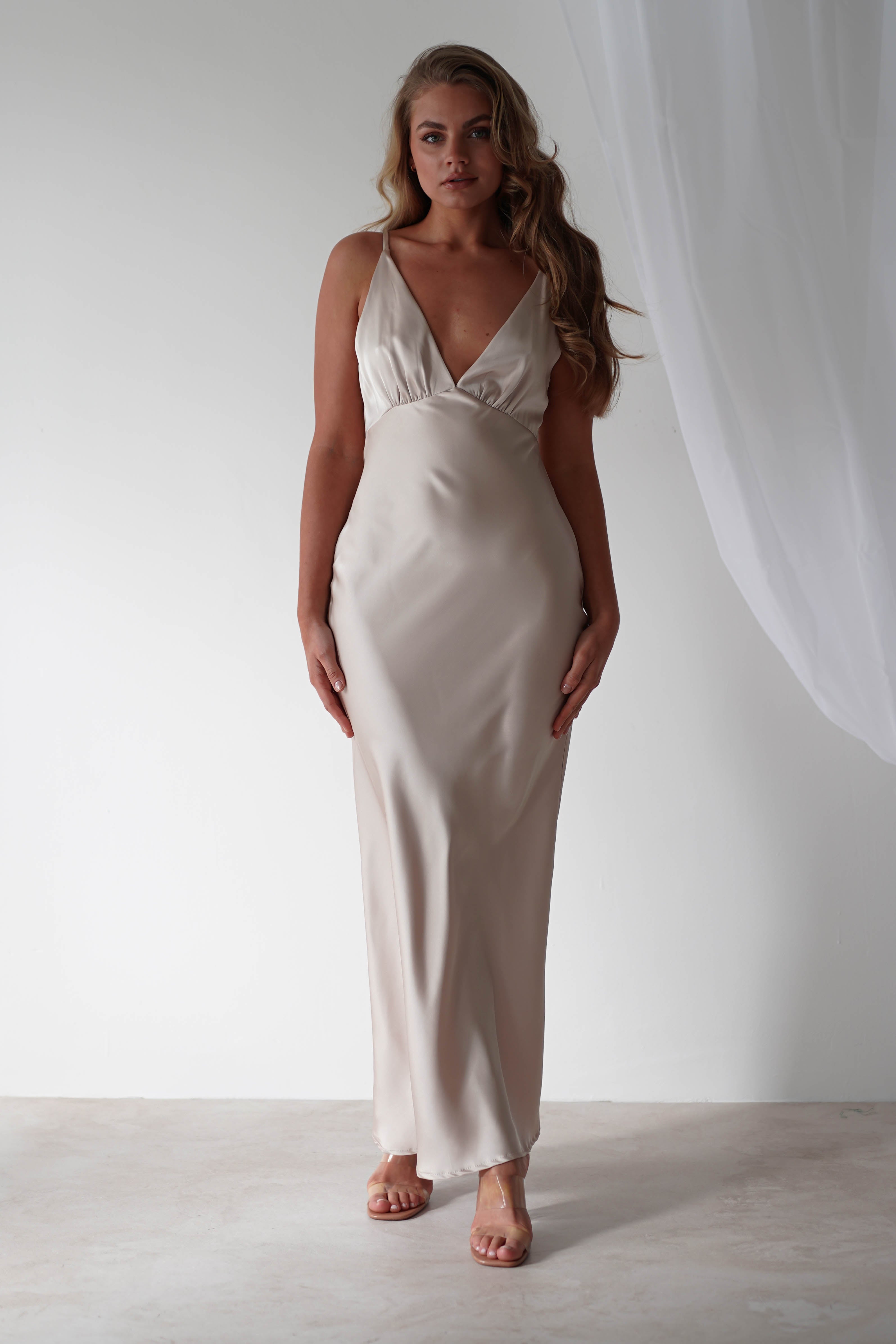 Aimie Soft Satin Maxi Dress | Champagne | Graduation | Bride To Be Hen Dress | Oh Hello Clothing