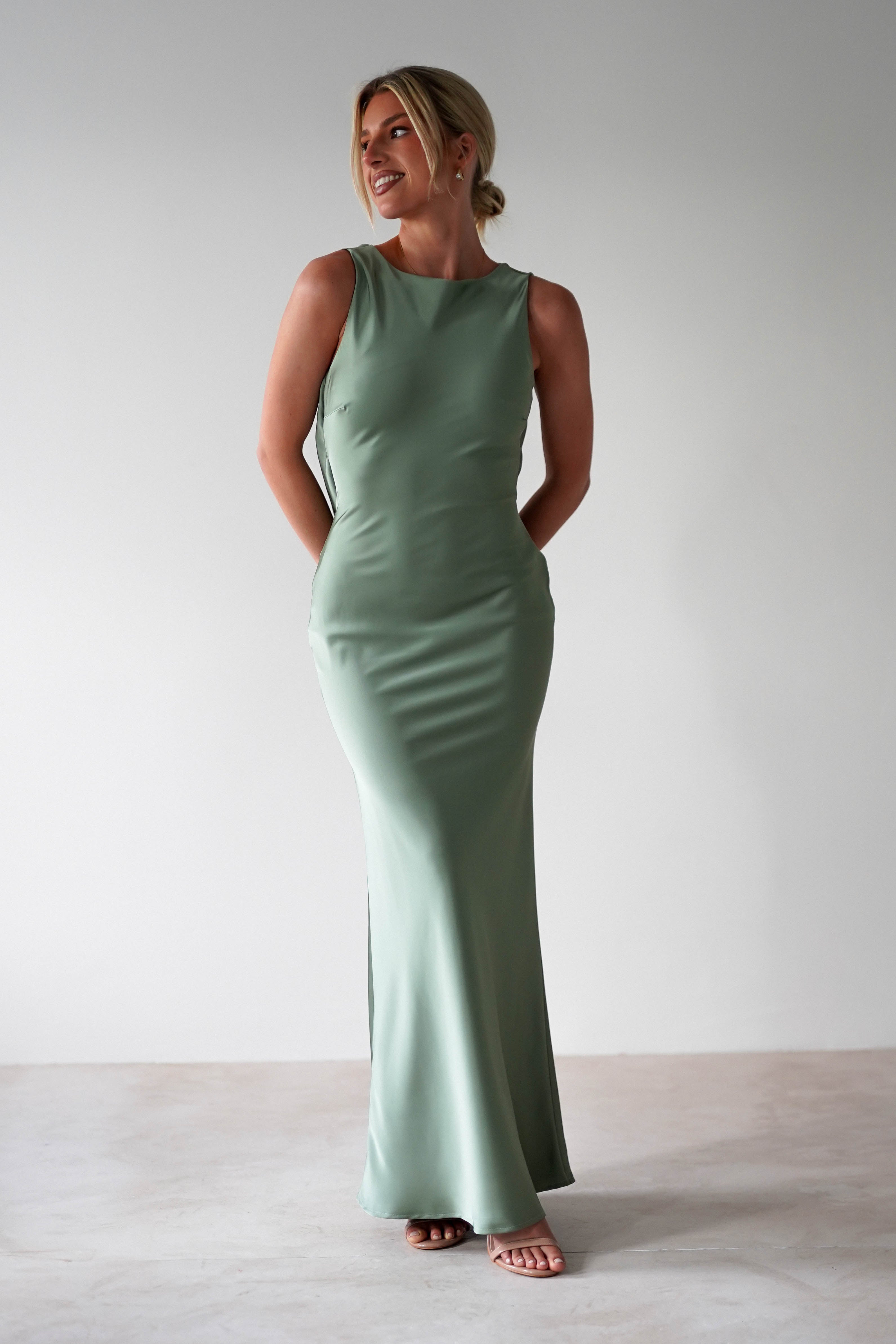 Alanna Soft Matte Satin Maxi Dress Olive | Wedding Guest Dress | Maxi | Satin | Oh Hello Clothing