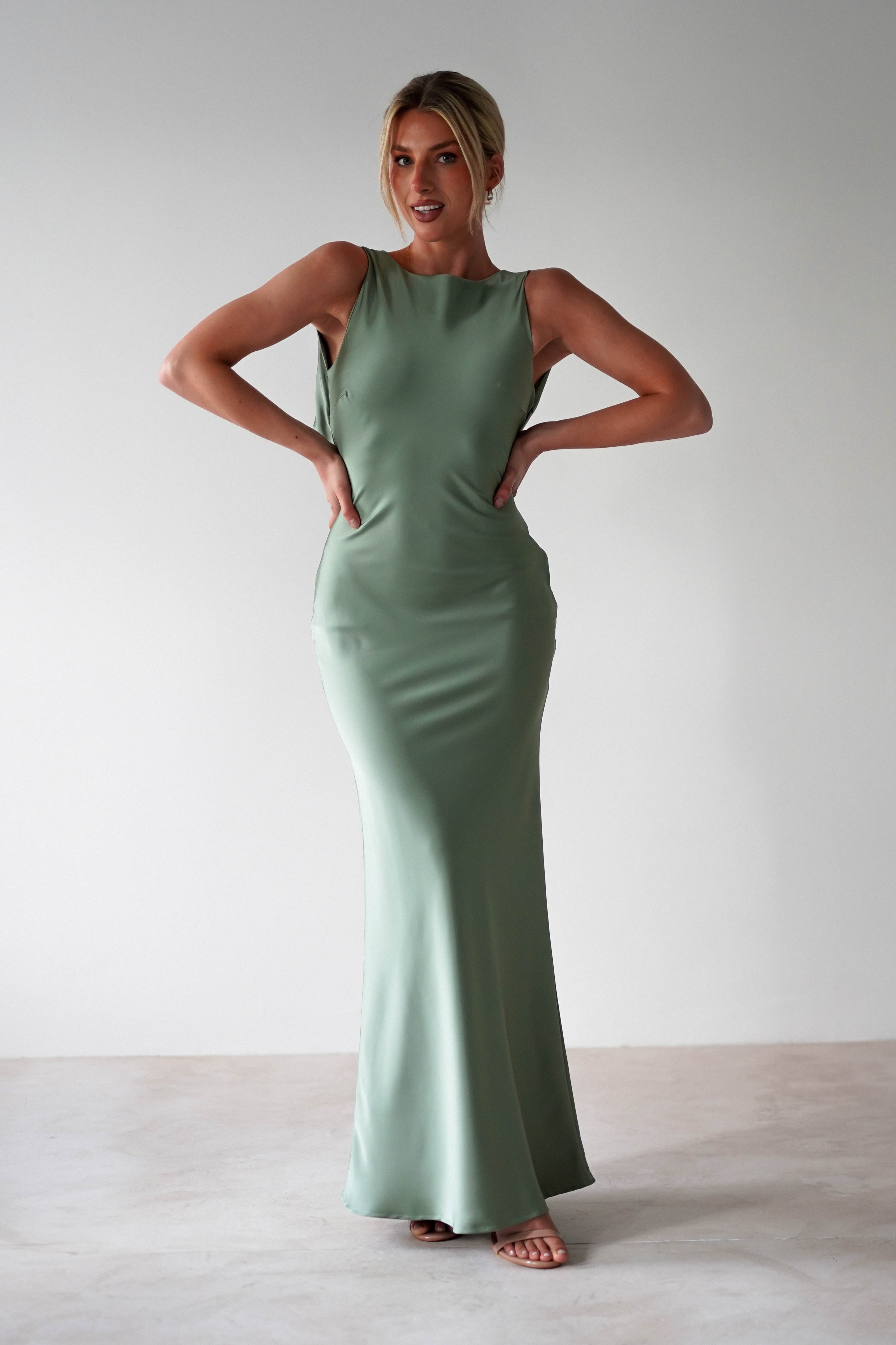 Alanna Soft Matte Satin Maxi Dress Olive | Wedding Guest Dress | Maxi | Satin | Oh Hello Clothing