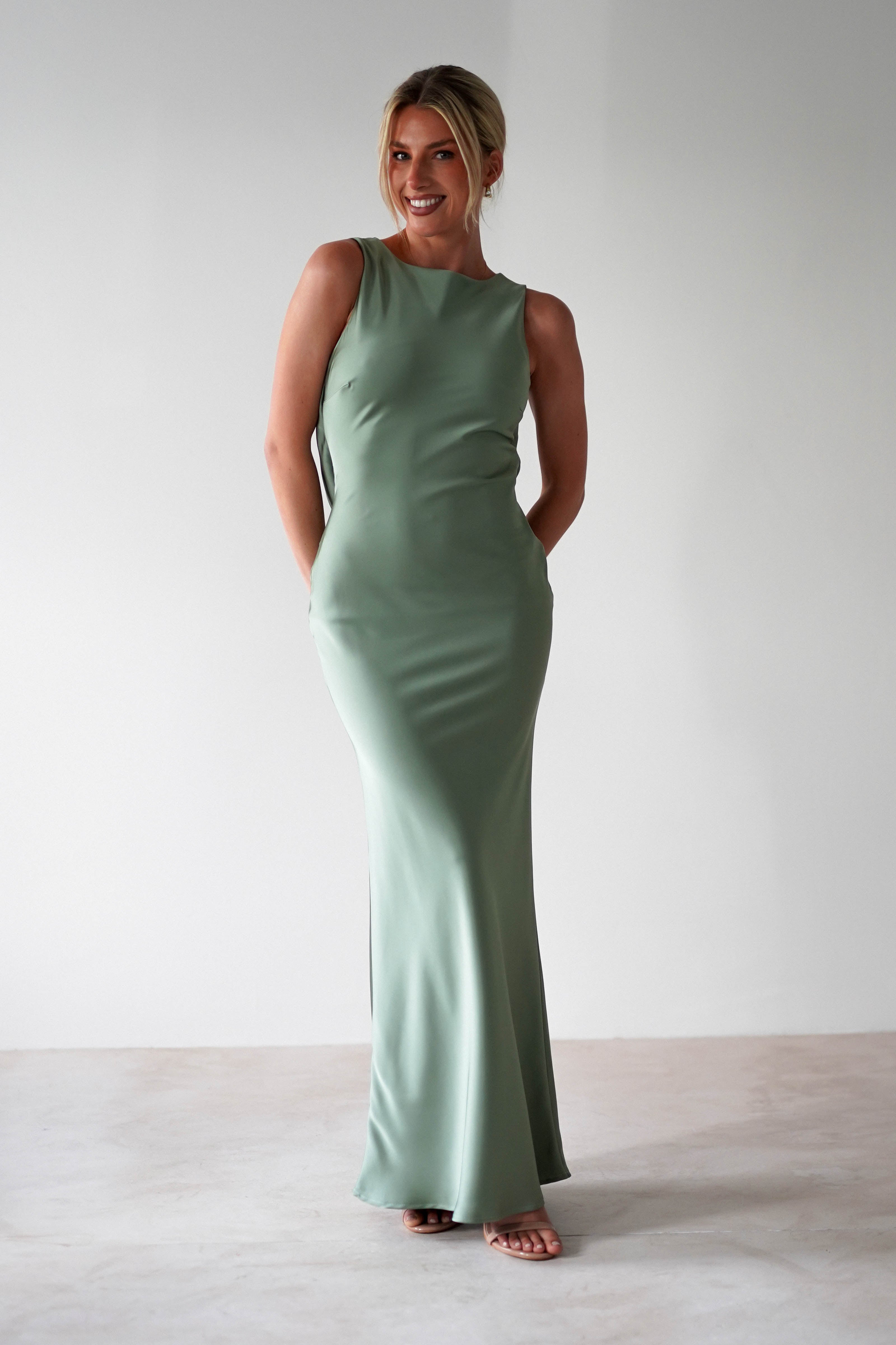 Alanna Soft Matte Satin Maxi Dress Olive | Wedding Guest Dress | Maxi | Satin | Oh Hello Clothing