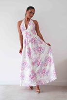 Oh Hello Clothing Women > Clothing > Dresses Alicia Broderie Floral Halterneck Midaxi Dress | White/Pink