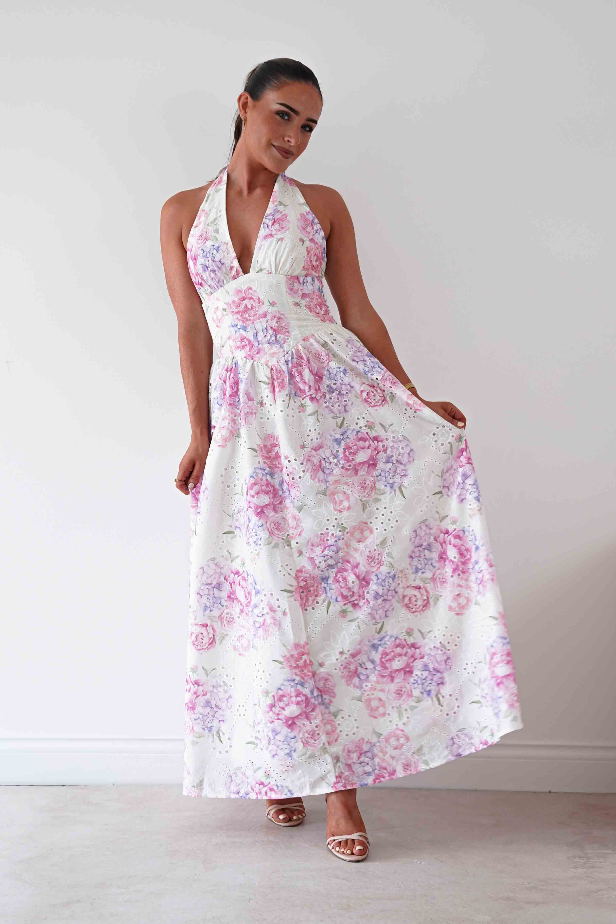 Oh Hello Clothing Women > Clothing > Dresses Alicia Broderie Floral Halterneck Midaxi Dress | White/Pink