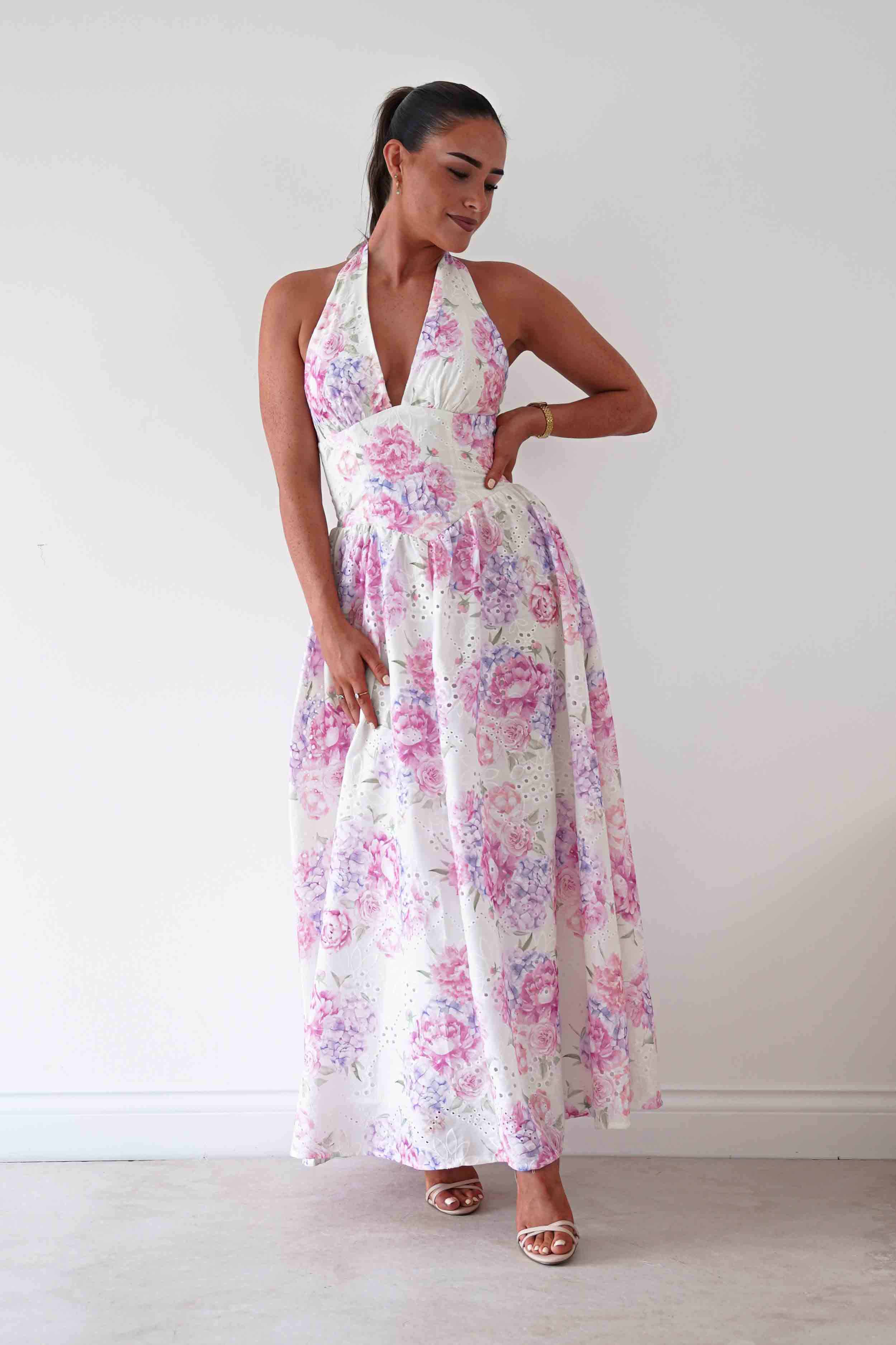 Oh Hello Clothing Women > Clothing > Dresses Alicia Broderie Floral Halterneck Midaxi Dress | White/Pink