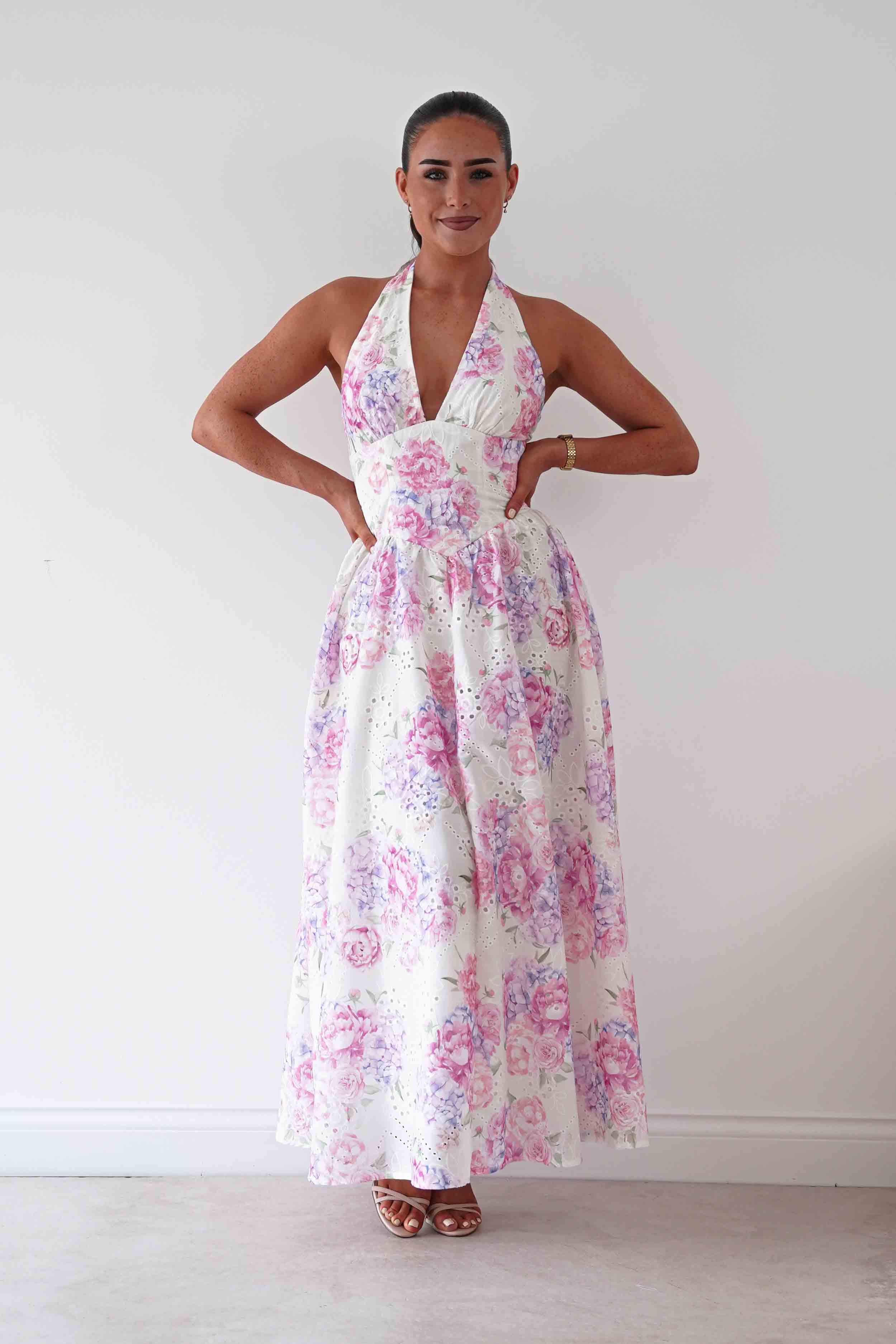 Oh Hello Clothing Women > Clothing > Dresses Alicia Broderie Floral Halterneck Midaxi Dress | White/Pink