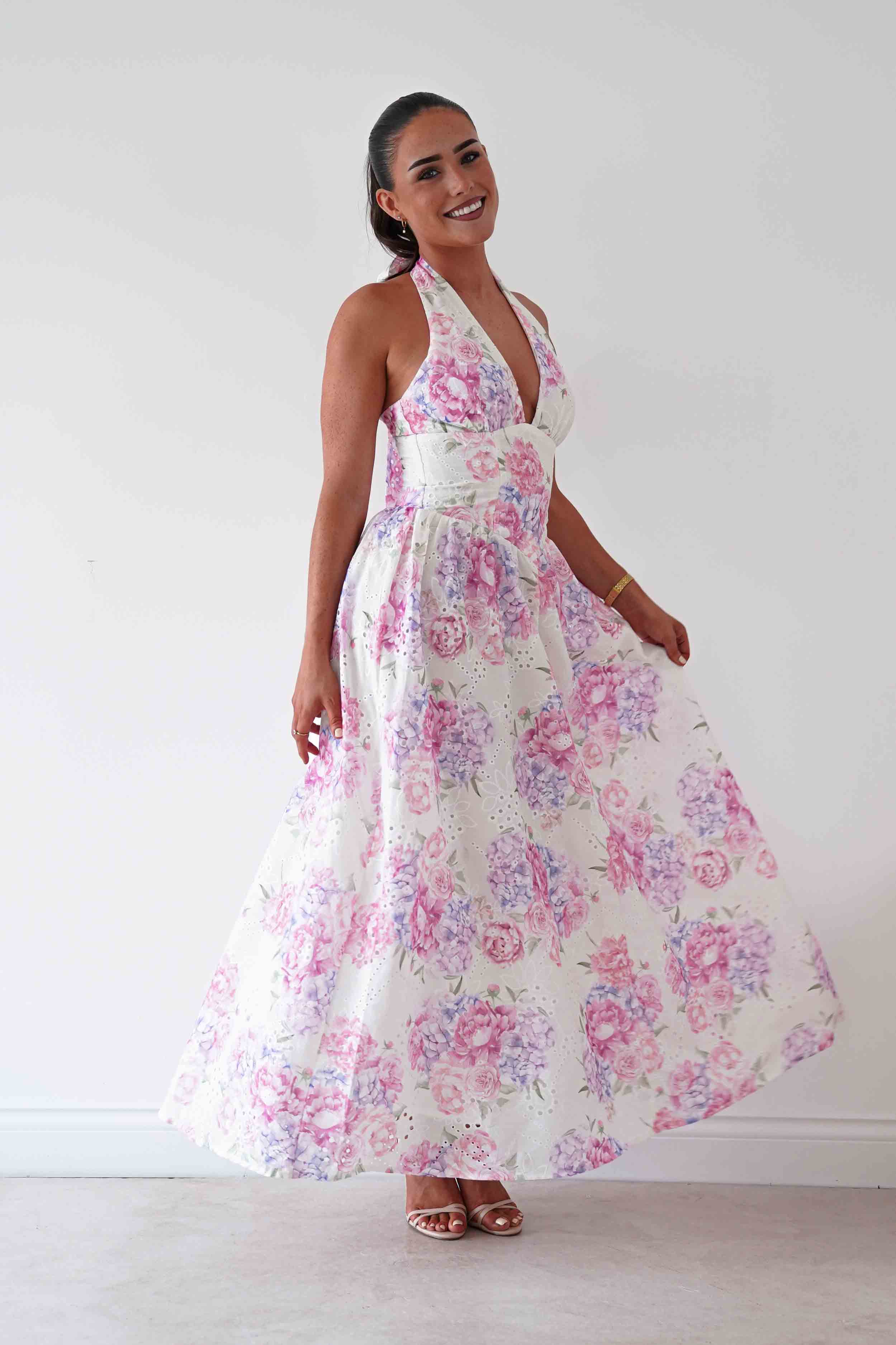 Oh Hello Clothing Women > Clothing > Dresses Alicia Broderie Floral Halterneck Midaxi Dress | White/Pink