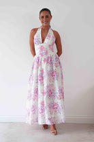 Oh Hello Clothing Women > Clothing > Dresses Alicia Broderie Floral Halterneck Midaxi Dress | White/Pink