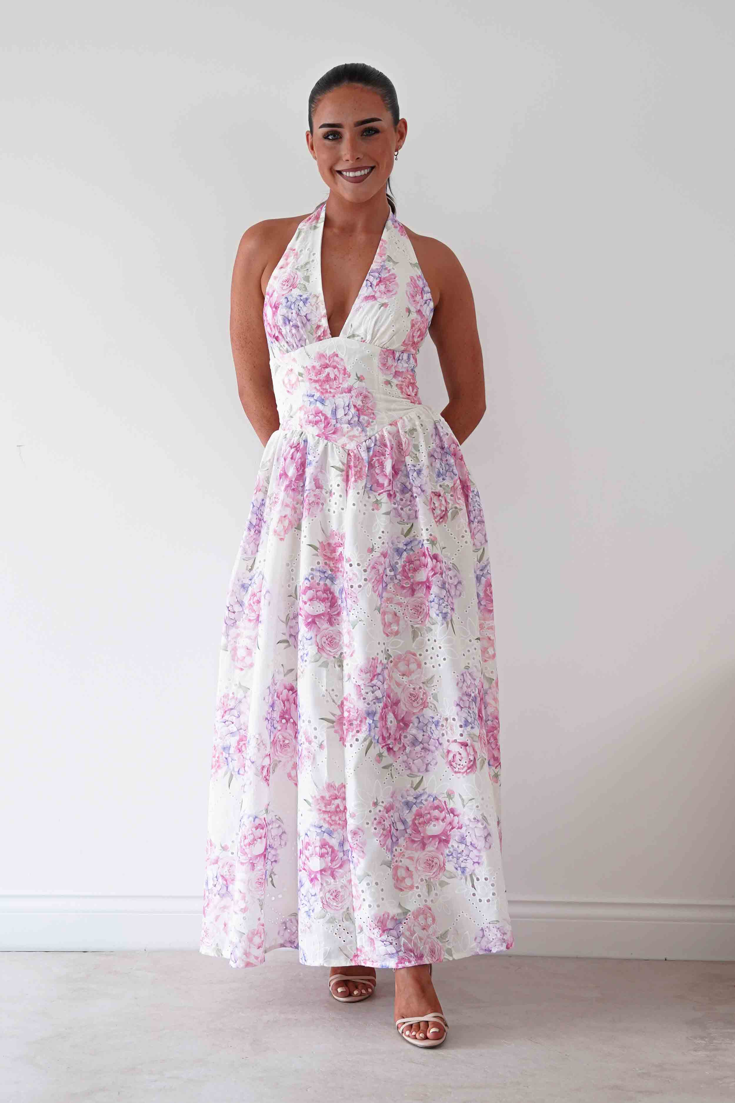 Oh Hello Clothing Women > Clothing > Dresses Alicia Broderie Floral Halterneck Midaxi Dress | White/Pink