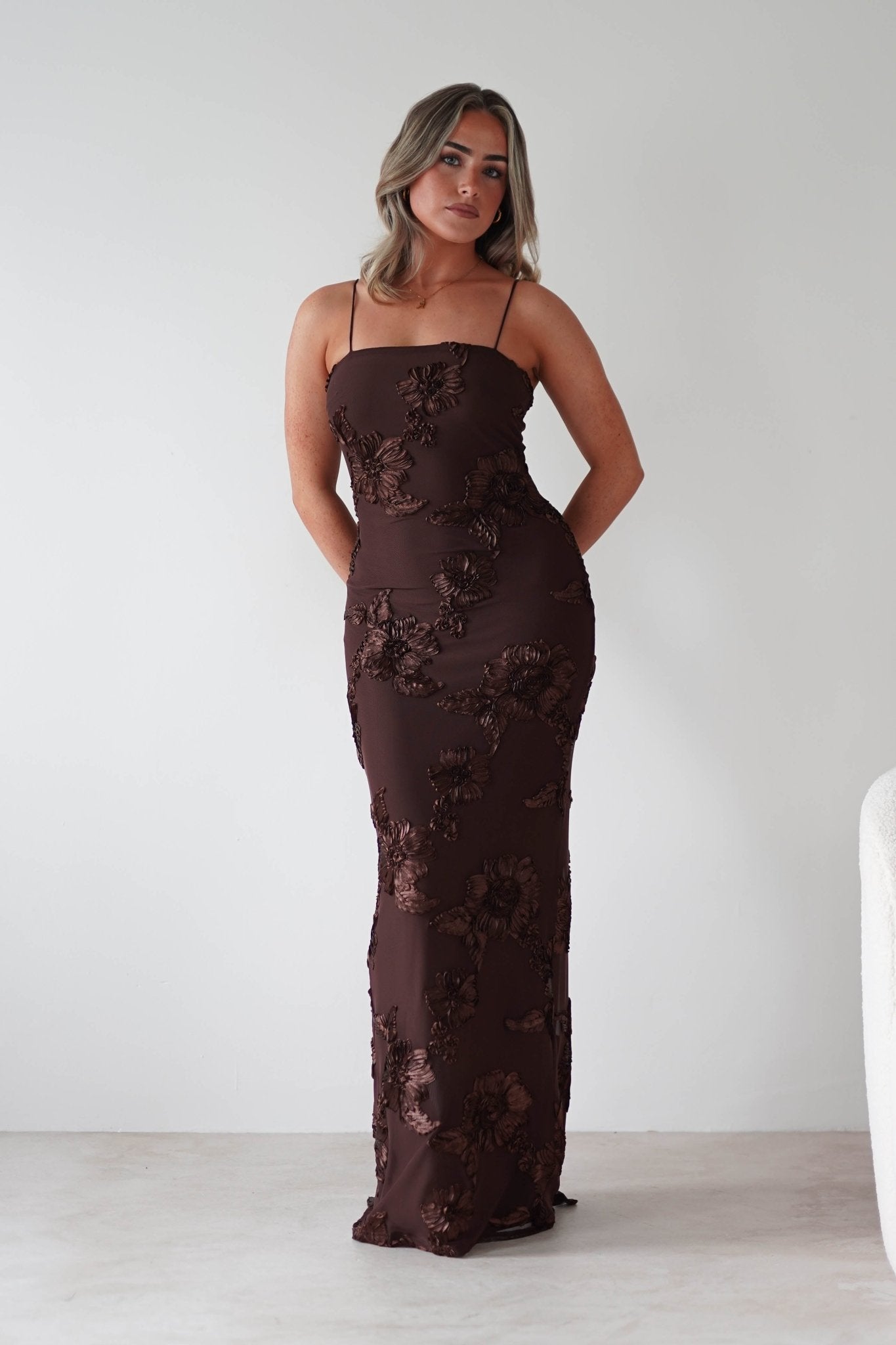 Alvana Floral Appliqué Maxi Dress Brown | Wedding Guest Dress | Maxi | Oh Hello Clothing