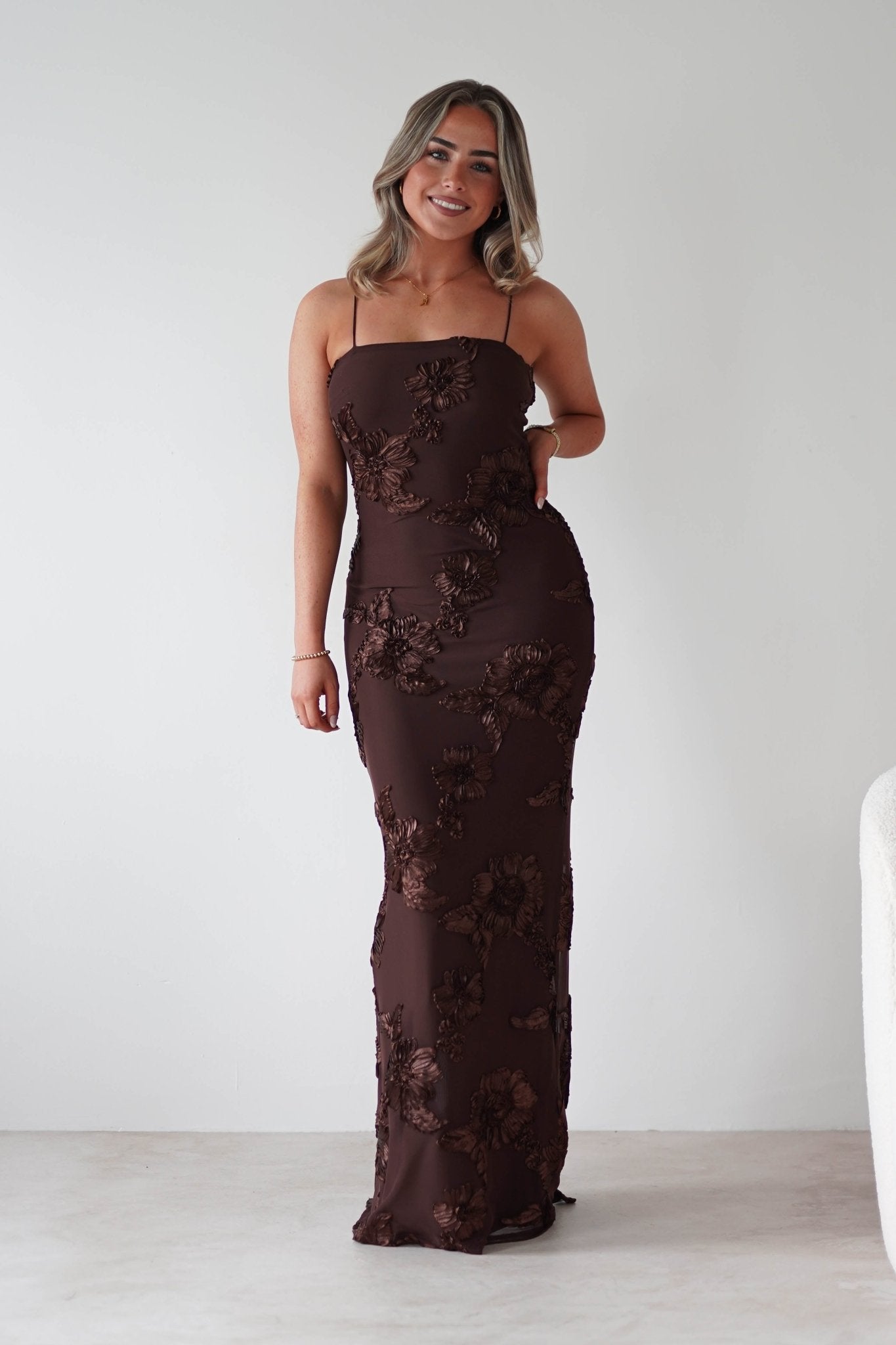 Alvana Floral Appliqué Maxi Dress Brown | Wedding Guest Dress | Maxi | Oh Hello Clothing
