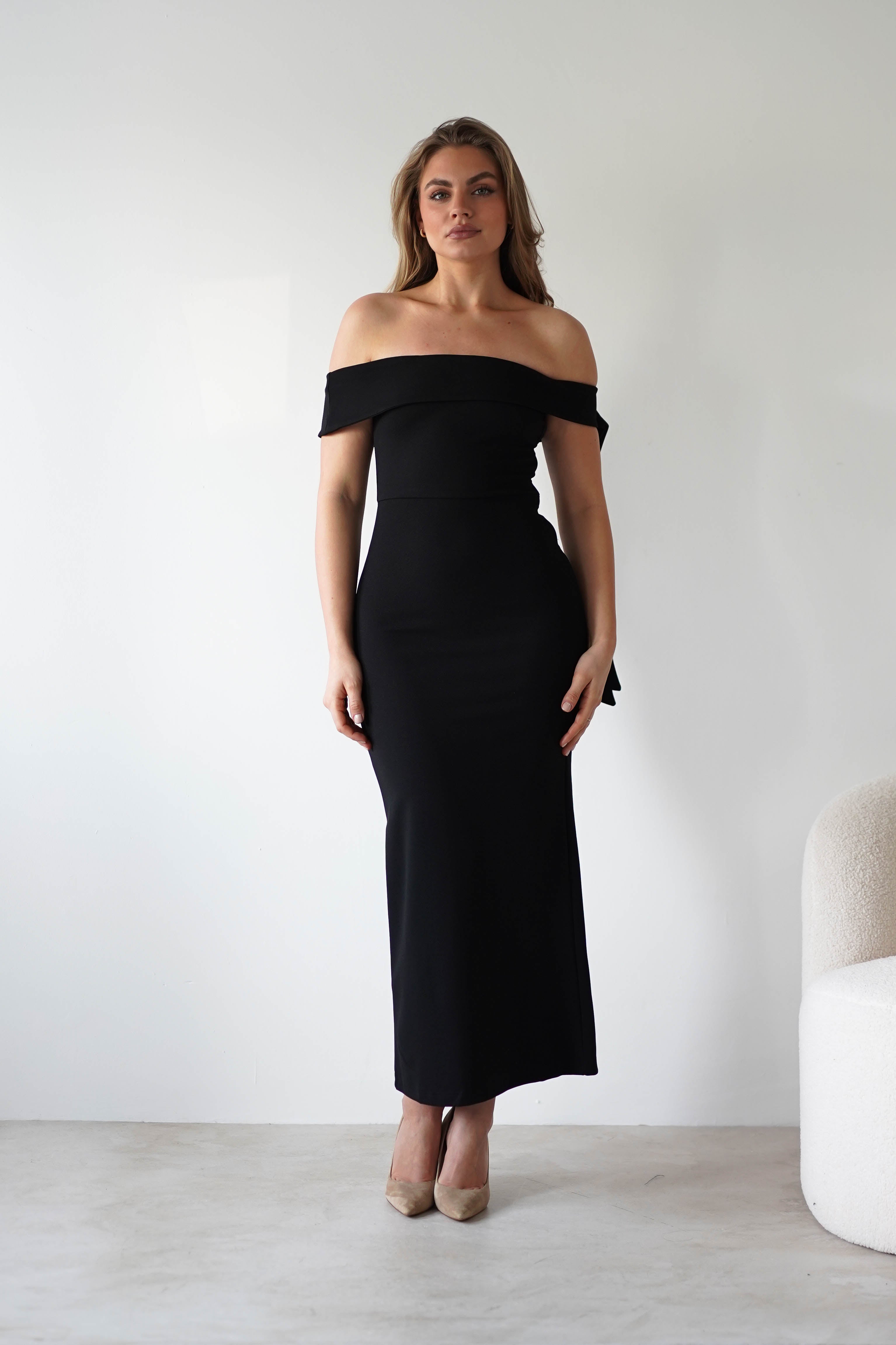 Amalthea Off the Shoulder Midaxi Black | Wedding Guest Dress | Off Shoulder | Oh Hello Clothing