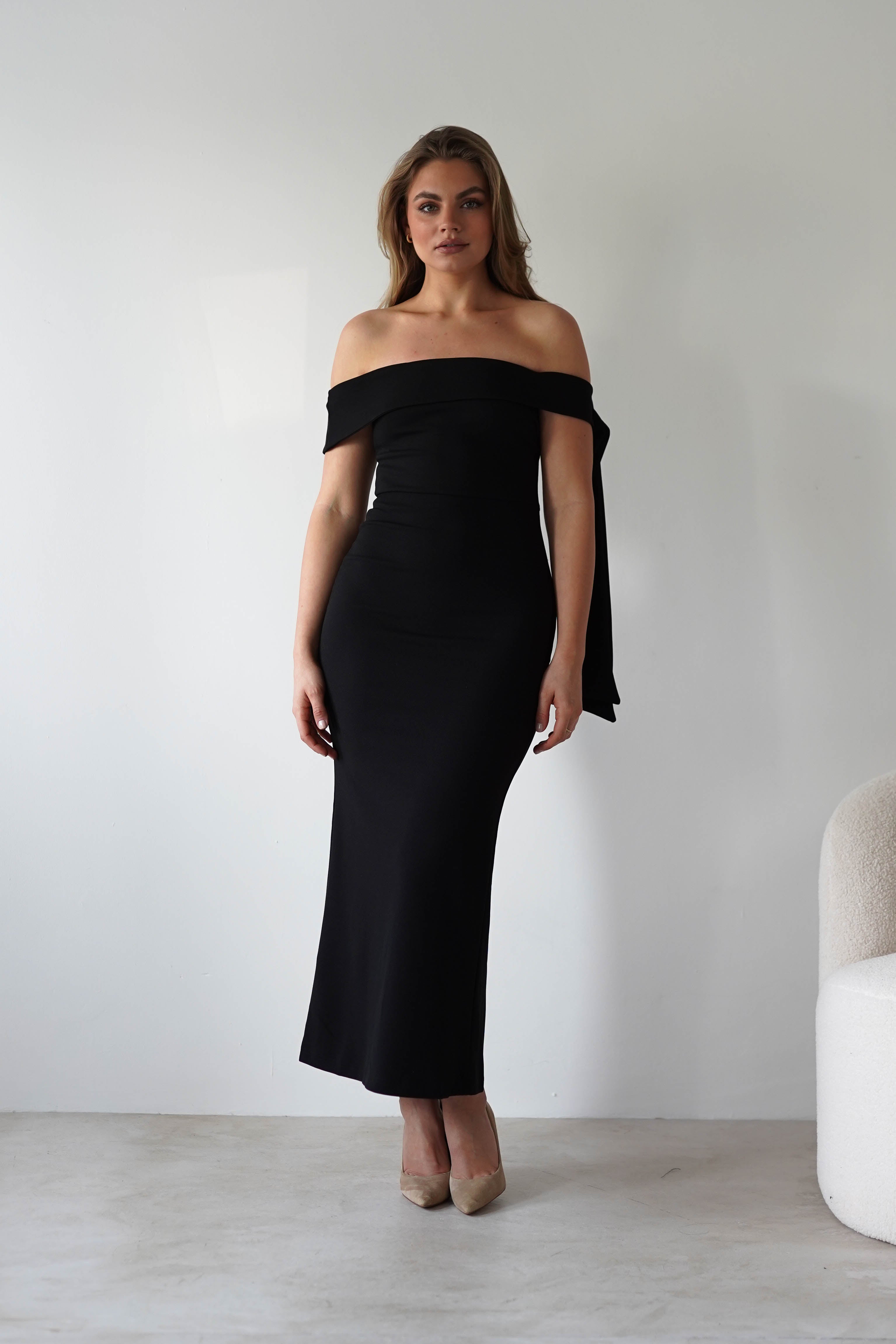Amalthea Off the Shoulder Midaxi Black | Wedding Guest Dress | Off Shoulder | Oh Hello Clothing