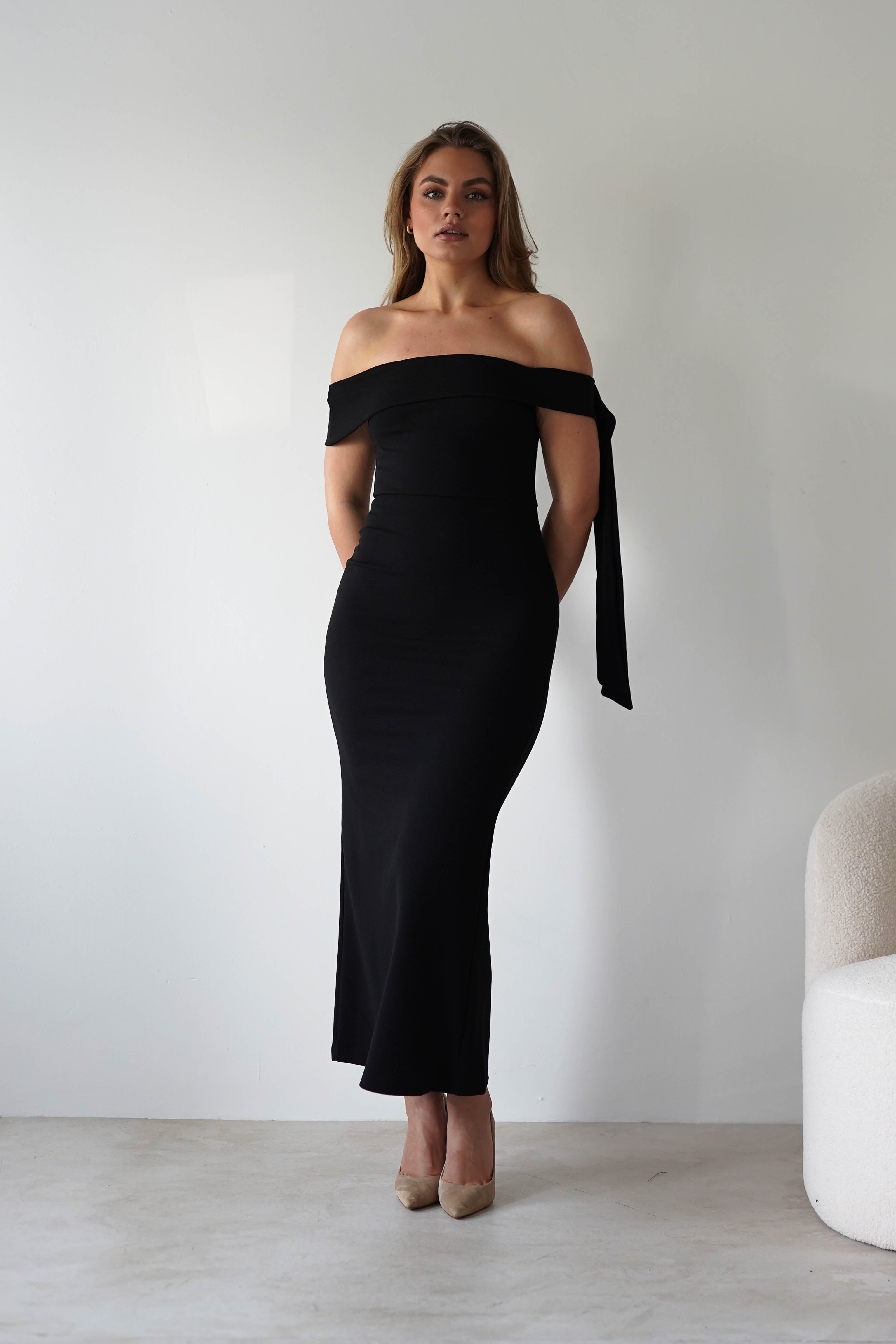 Amalthea Off the Shoulder Midaxi Black | Wedding Guest Dress | Off Shoulder | Oh Hello Clothing