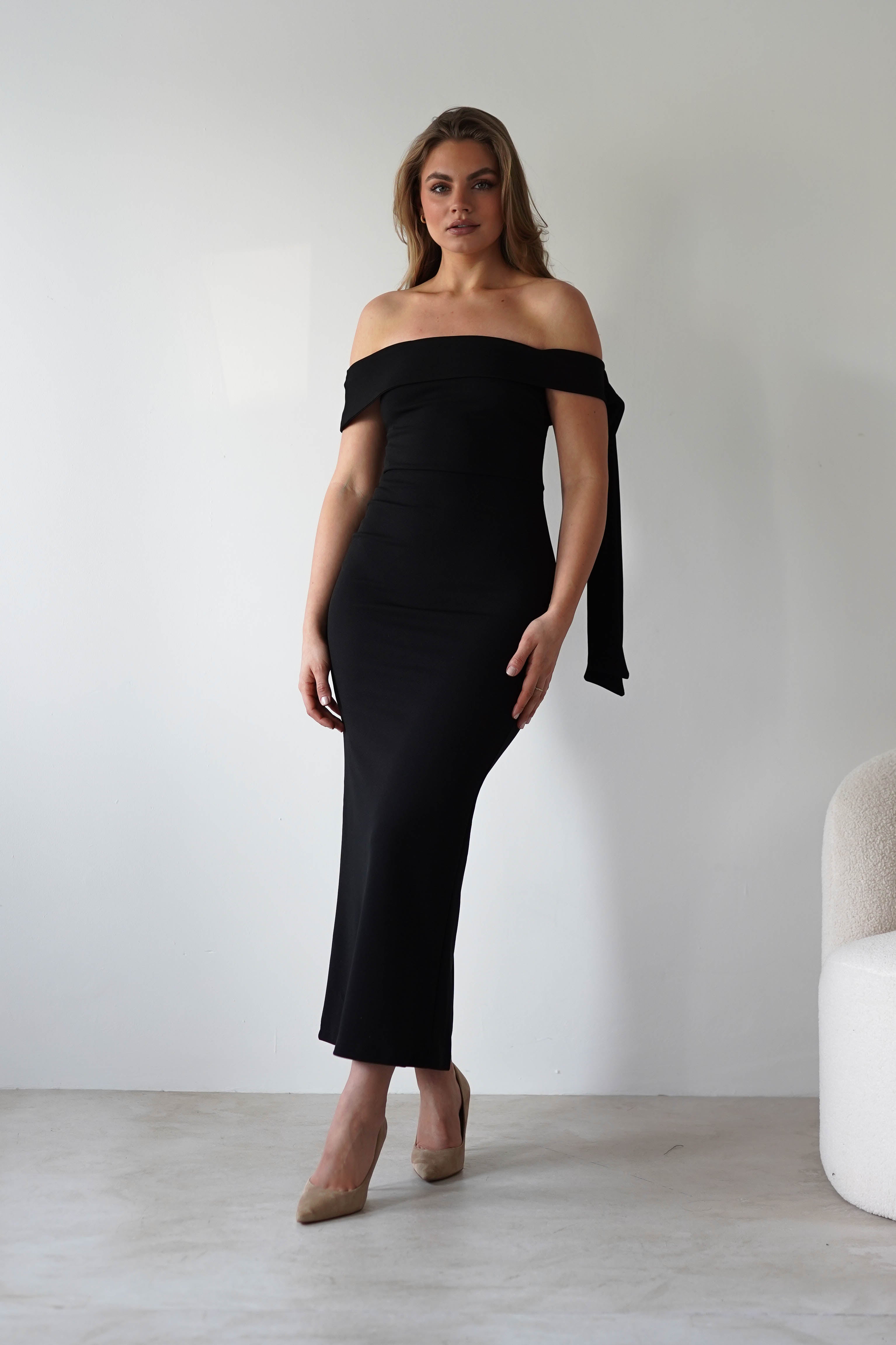 Amalthea Off the Shoulder Midaxi Black | Wedding Guest Dress | Off Shoulder | Oh Hello Clothing