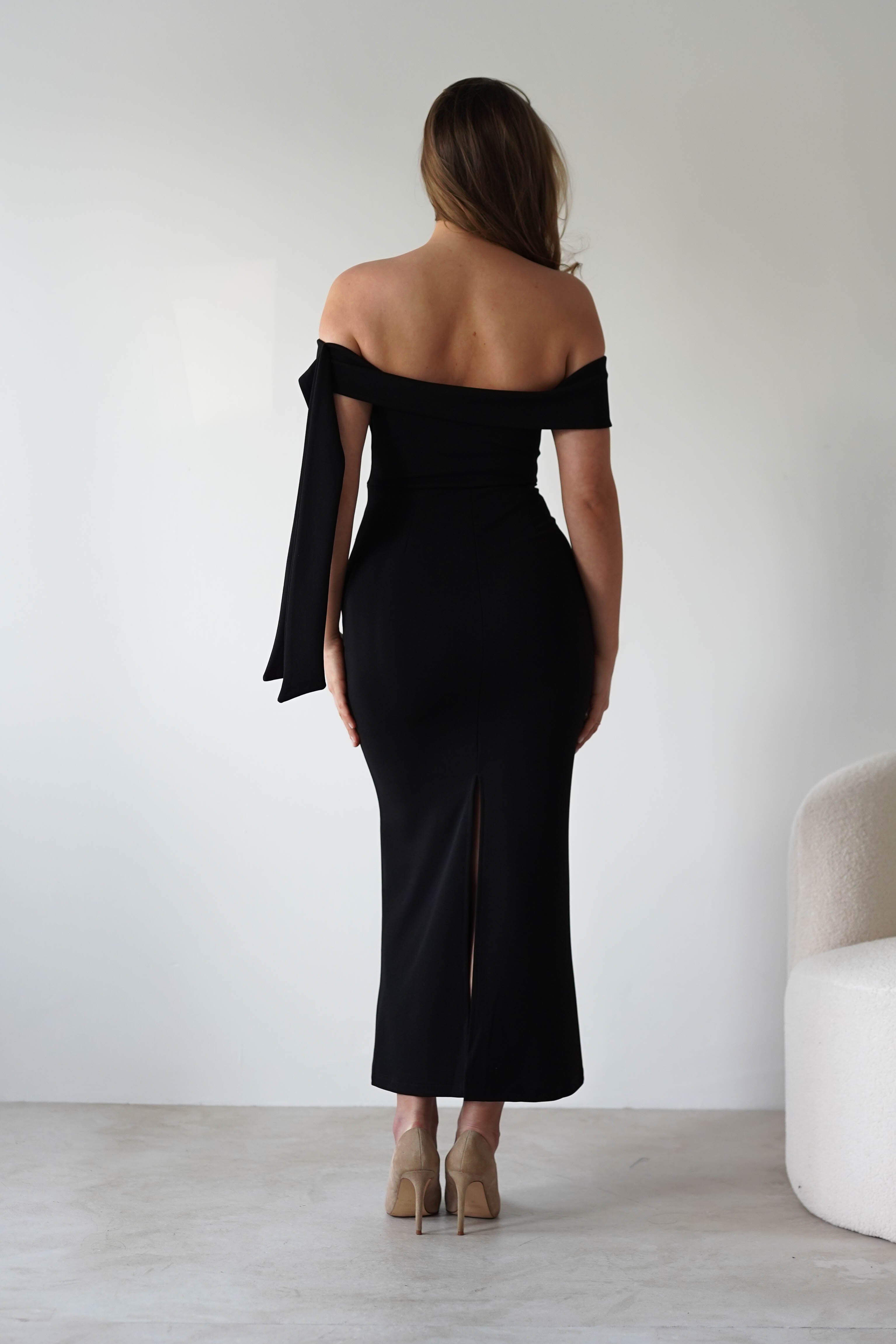 Amalthea Off the Shoulder Midaxi Black | Wedding Guest Dress | Off Shoulder | Oh Hello Clothing
