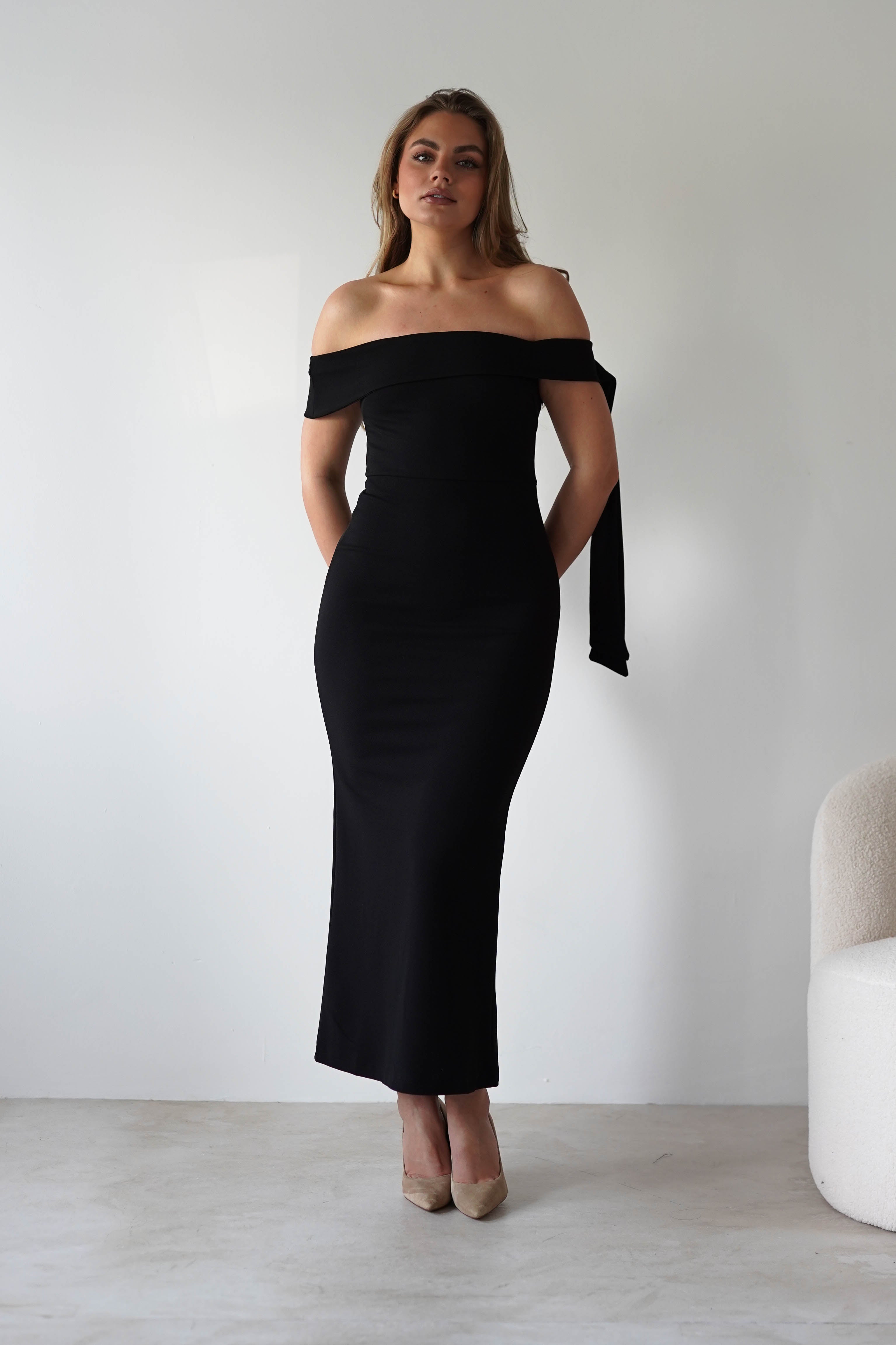 Amalthea Off the Shoulder Midaxi Black | Wedding Guest Dress | Off Shoulder | Oh Hello Clothing