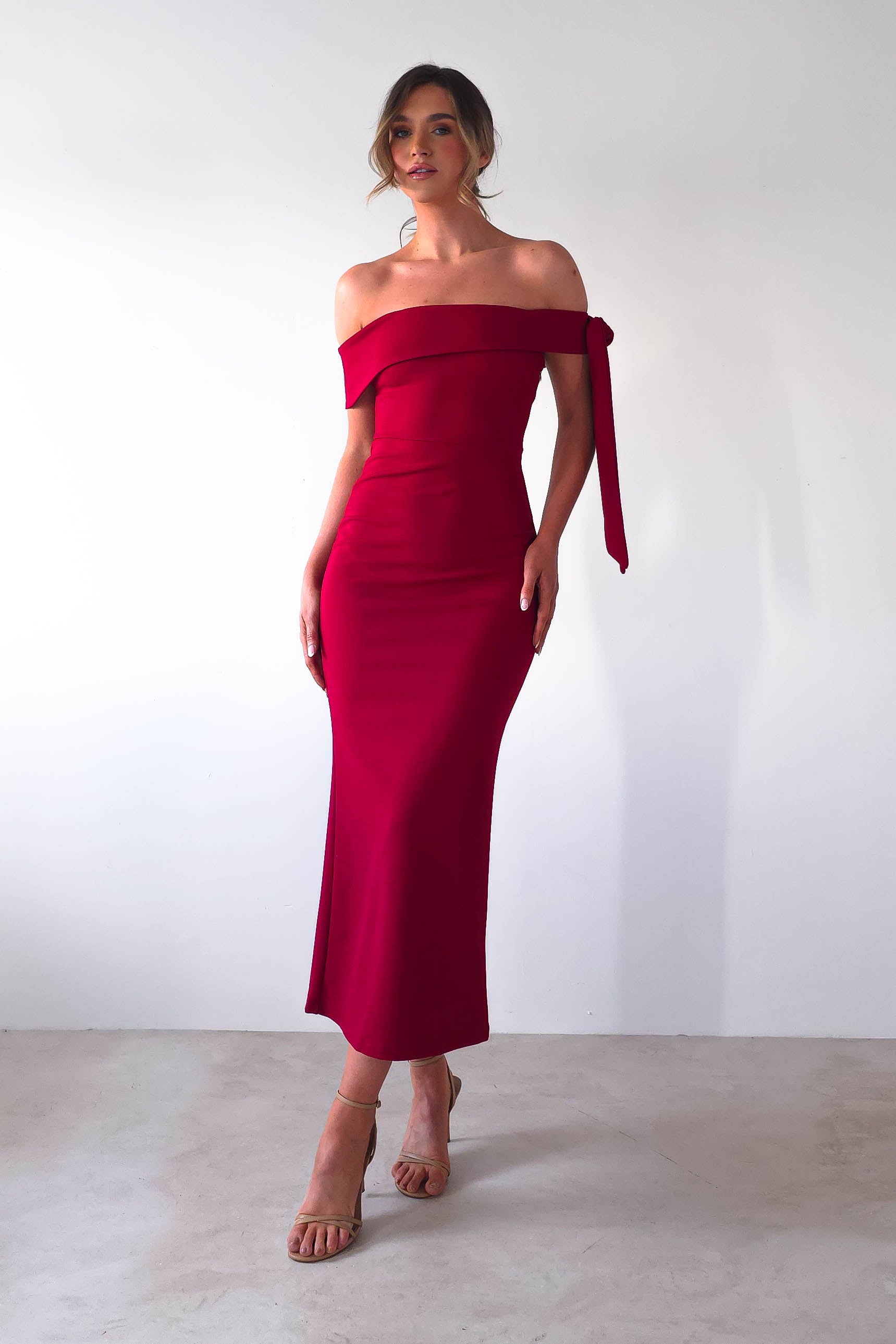 Amalthea Off the Shoulder Midaxi Dark Red | Wedding Guest Dress | Off Shoulder | Oh Hello Clothing