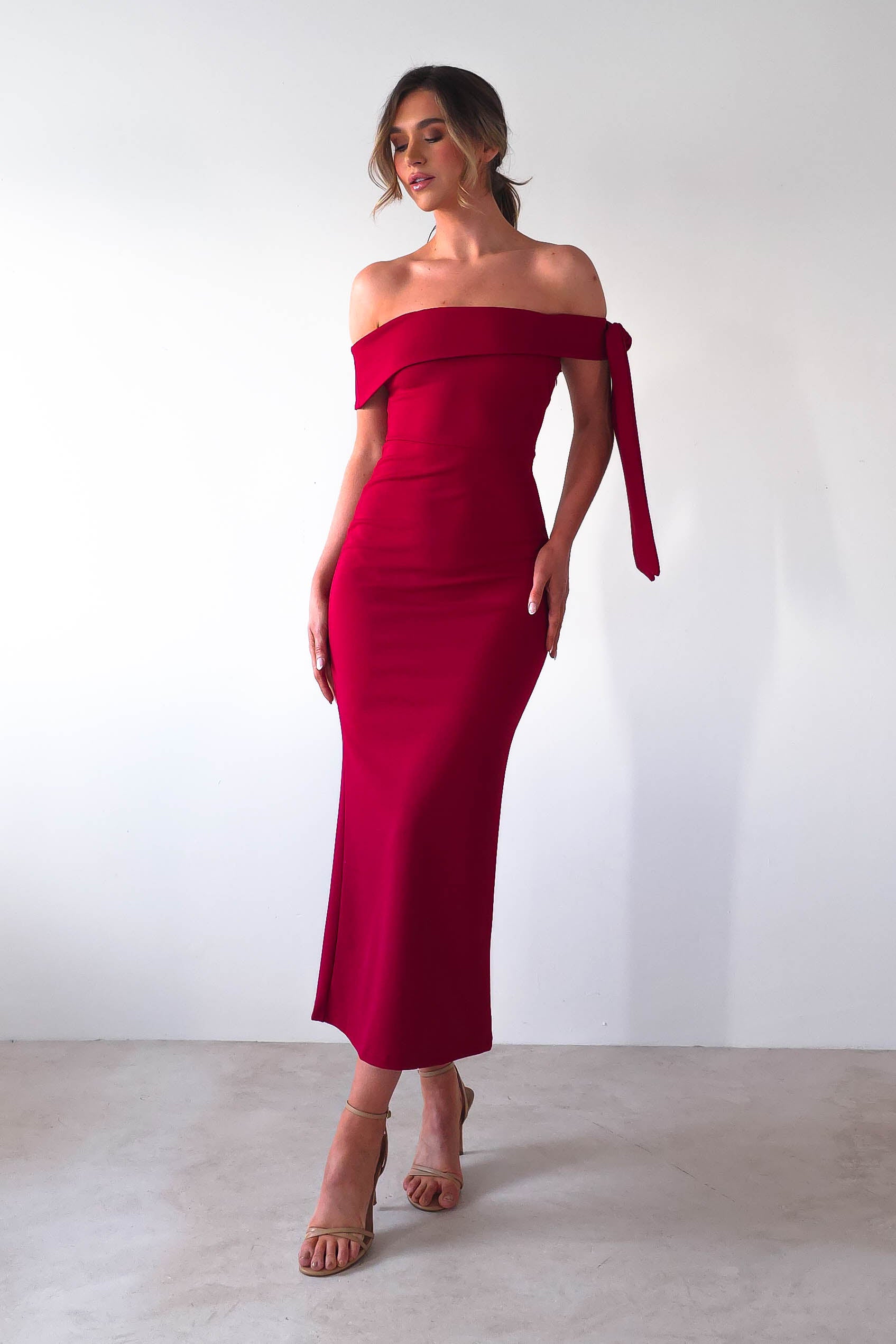 Amalthea Off the Shoulder Midaxi Dark Red | Wedding Guest Dress | Off Shoulder | Oh Hello Clothing