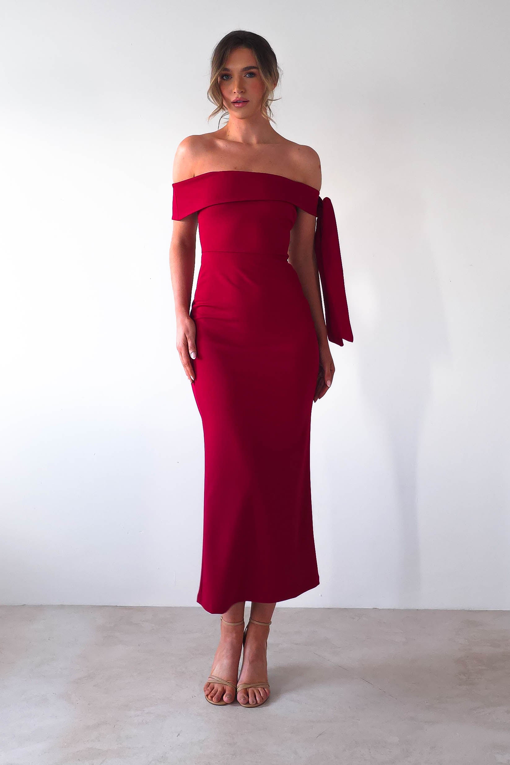Amalthea Off the Shoulder Midaxi Dark Red | Wedding Guest Dress | Off Shoulder | Oh Hello Clothing