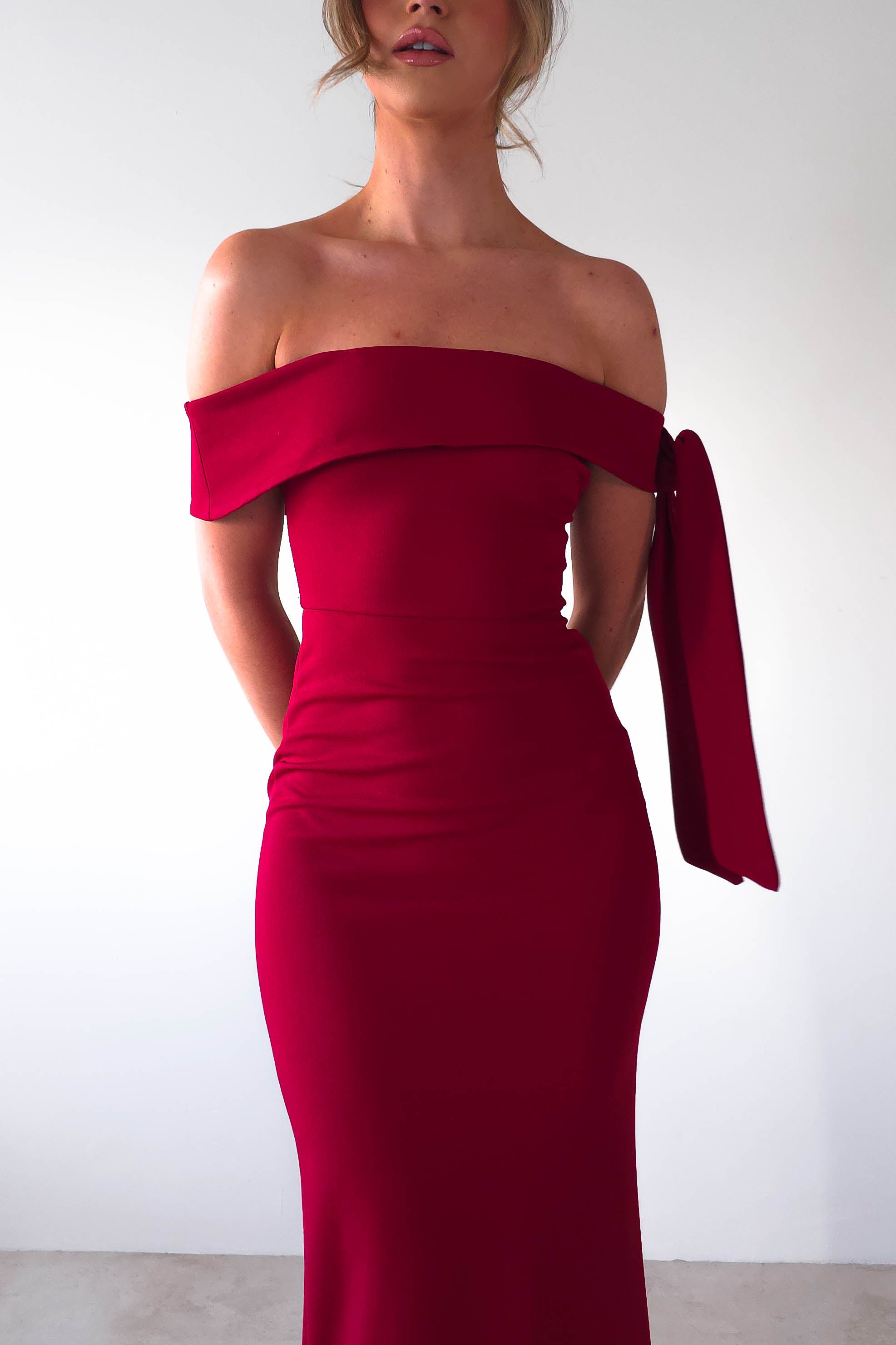 Amalthea Off the Shoulder Midaxi Dark Red | Wedding Guest Dress | Off Shoulder | Oh Hello Clothing