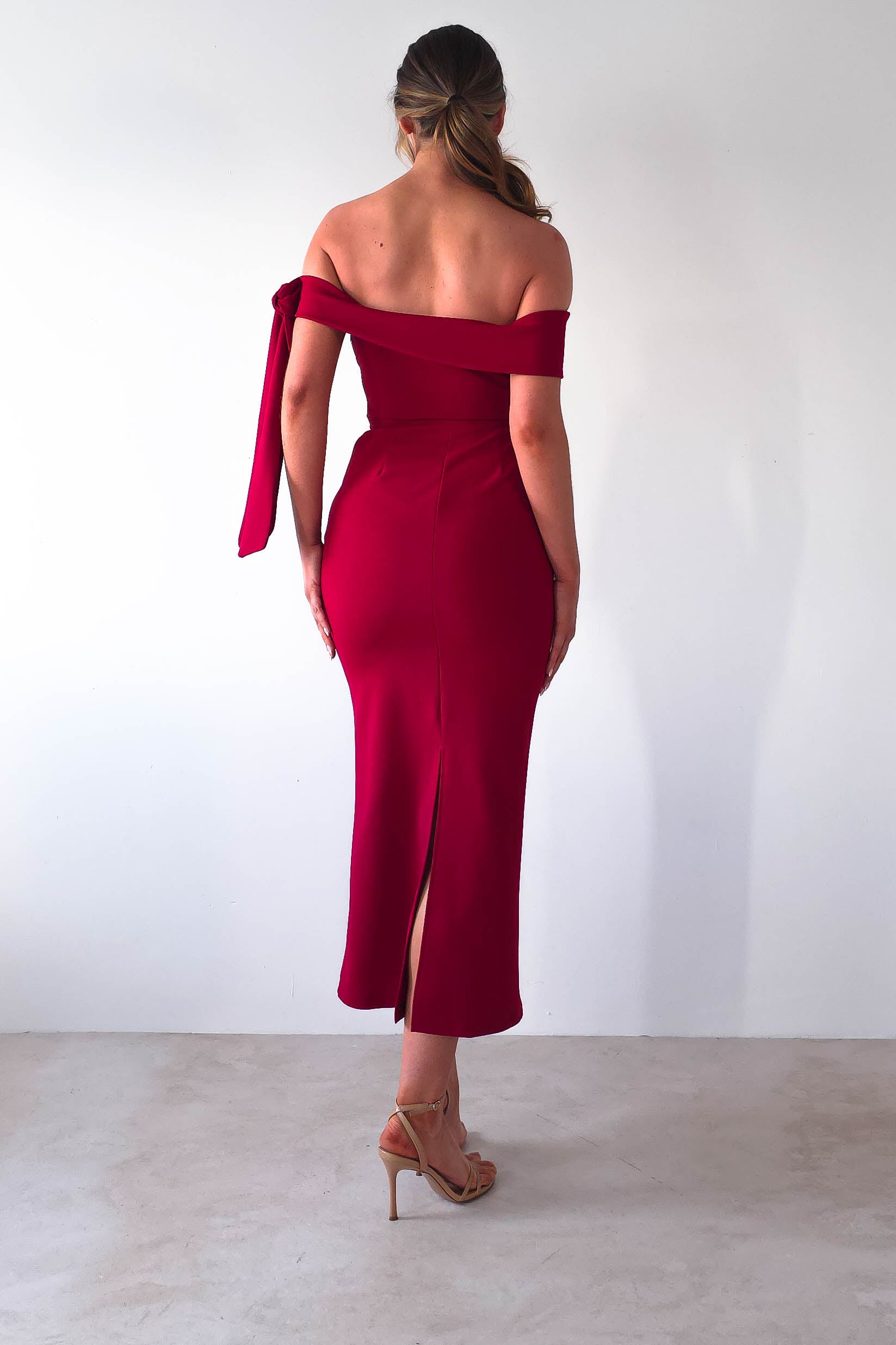 Amalthea Off the Shoulder Midaxi Dark Red | Wedding Guest Dress | Off Shoulder | Oh Hello Clothing