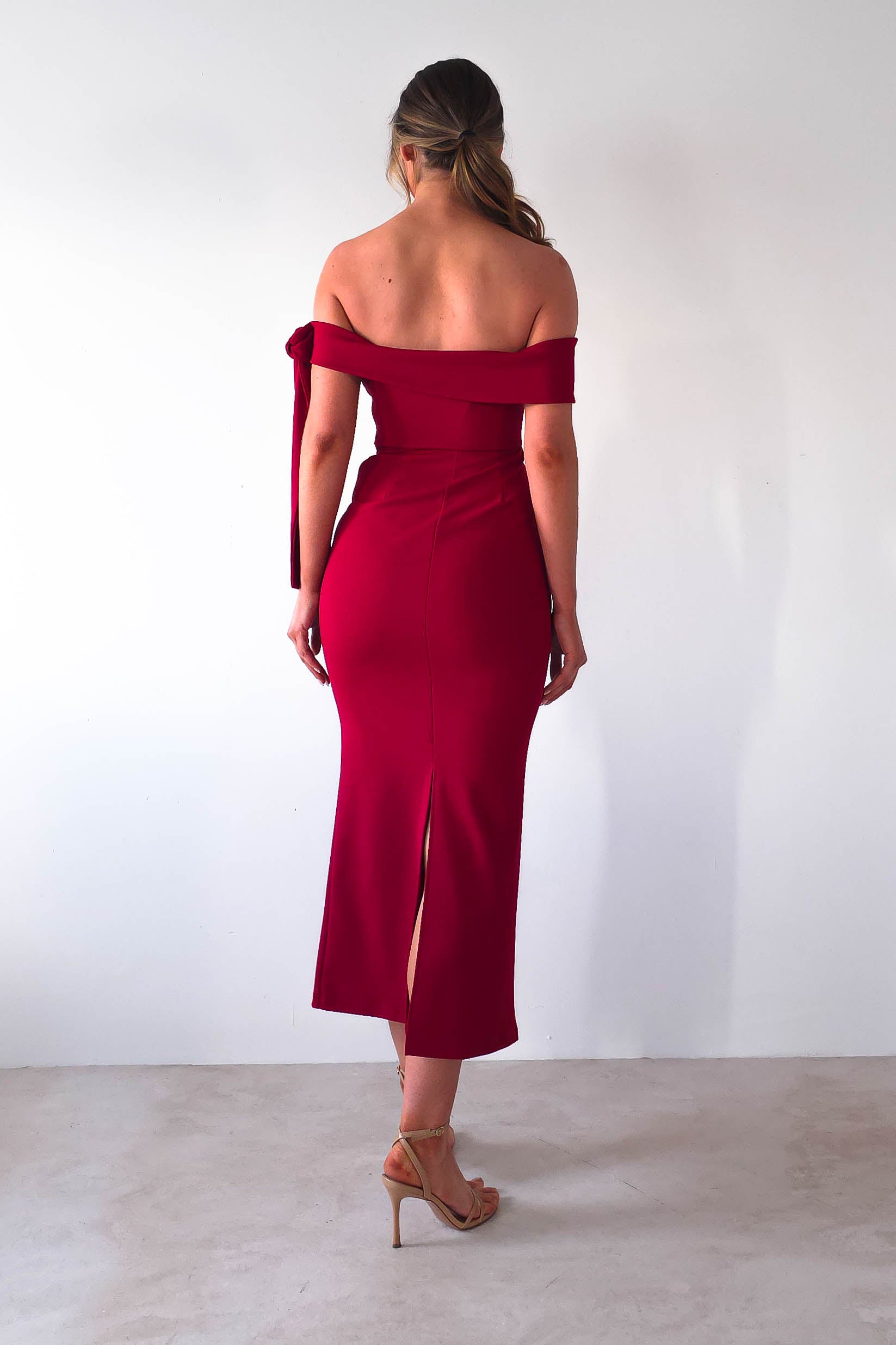 Amalthea Off the Shoulder Midaxi Dark Red | Wedding Guest Dress | Off Shoulder | Oh Hello Clothing