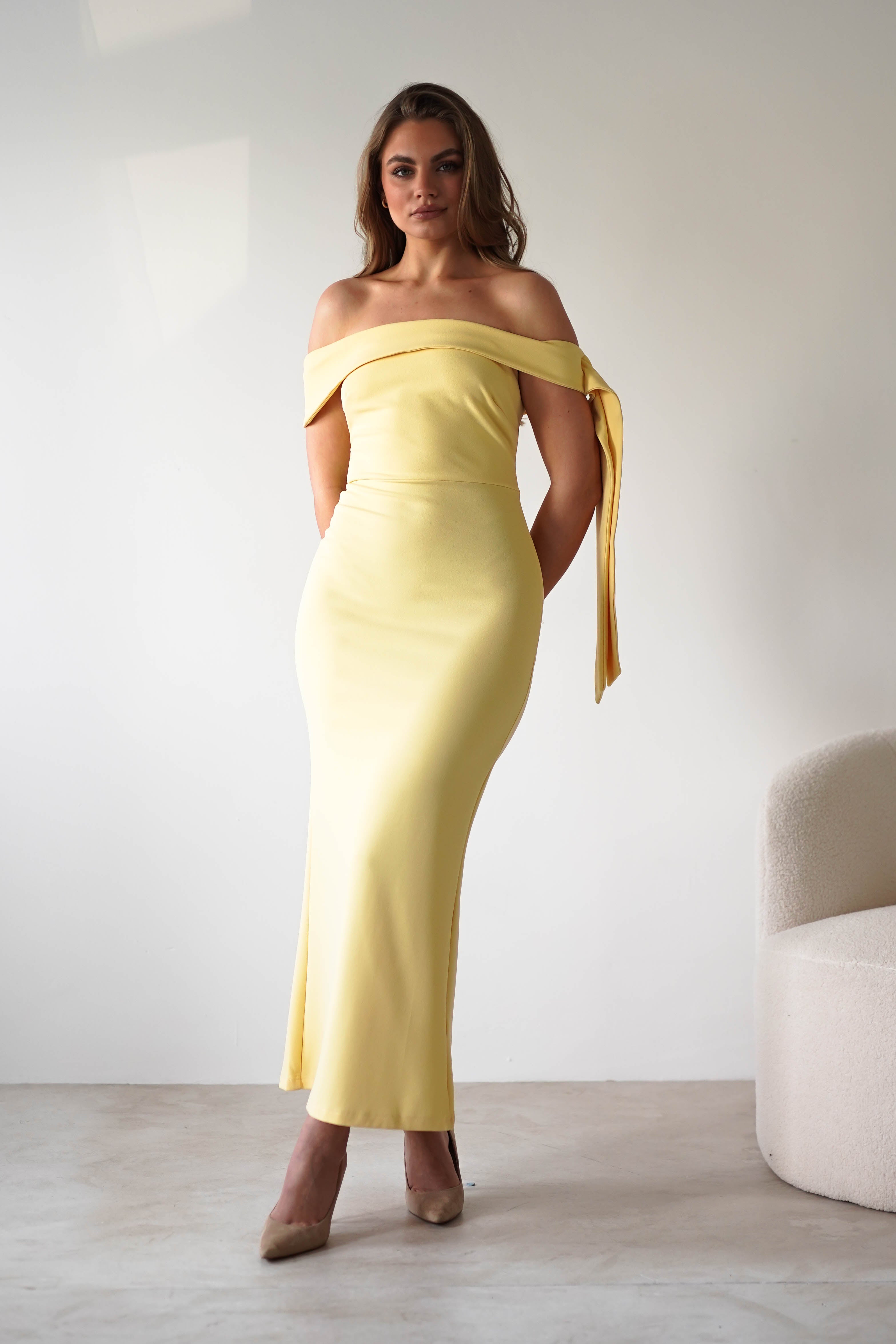 Amalthea Off the Shoulder Midaxi Yellow | Wedding Guest Dress | Off Shoulder | Oh Hello Clothing