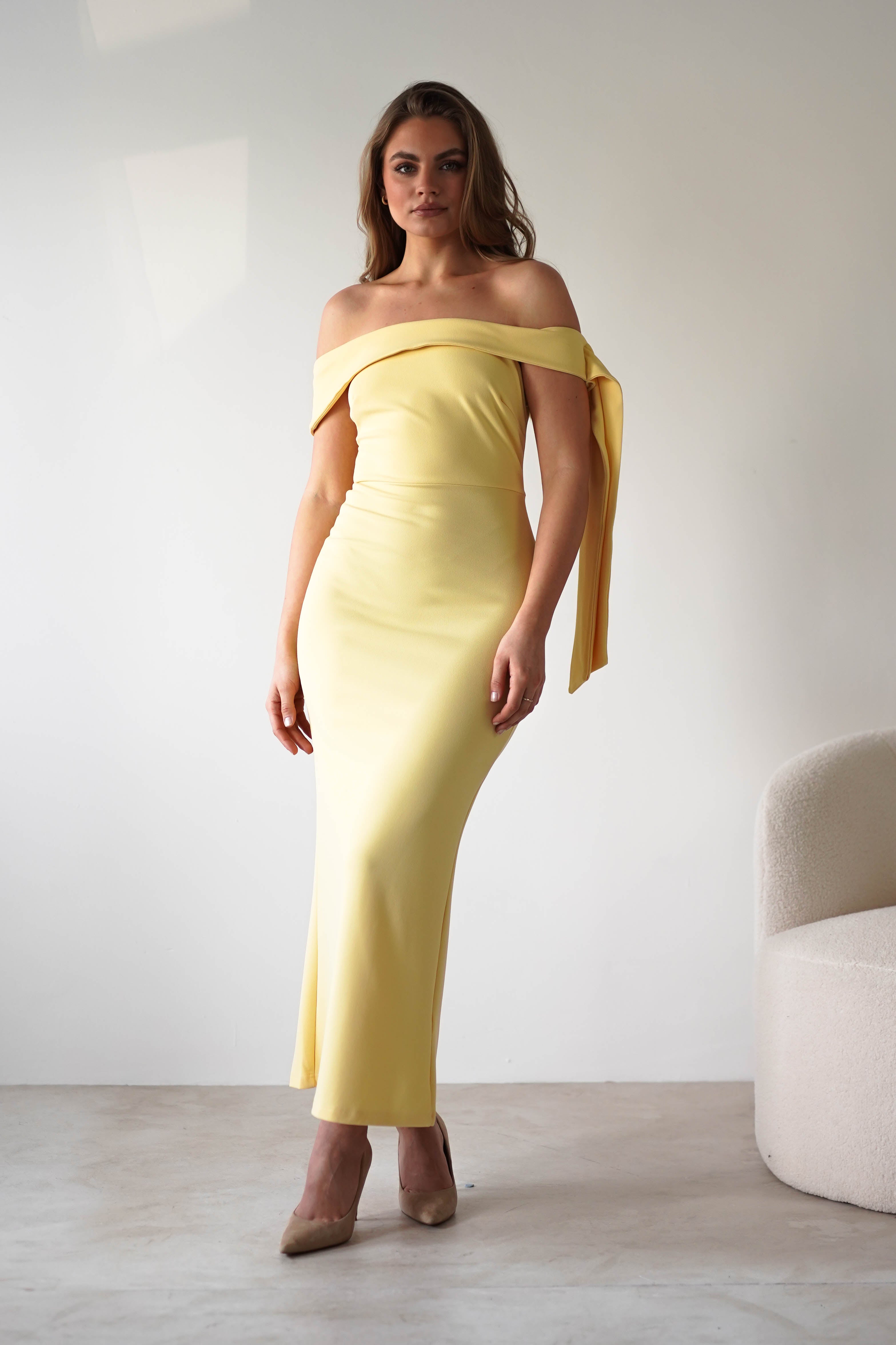 Amalthea Off the Shoulder Midaxi Yellow | Wedding Guest Dress | Off Shoulder | Oh Hello Clothing