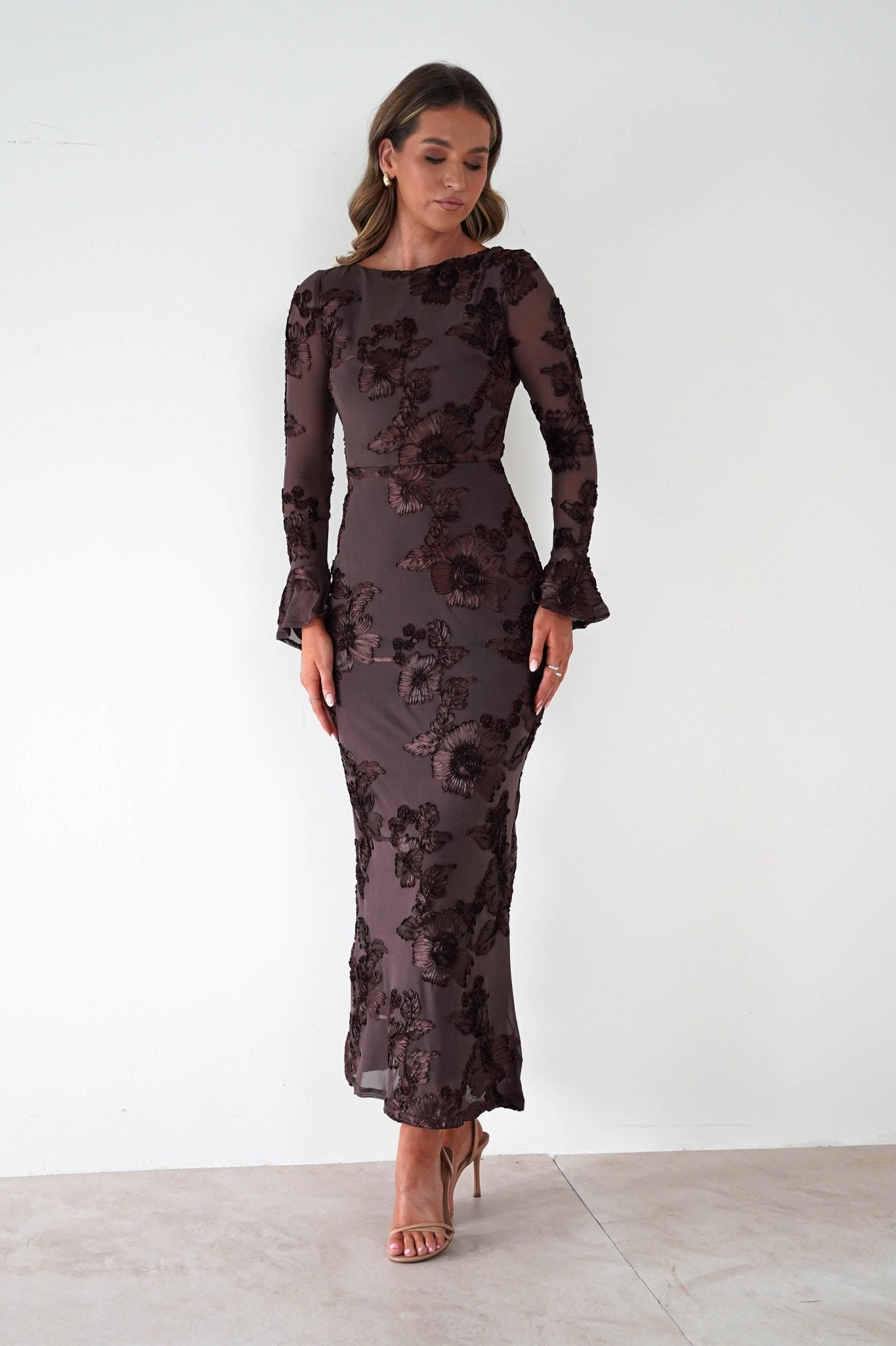 Amelita Long Sleeve Textured Maxi Dress Brown | Wedding Guest Dress | Long Sleeve | Maxi | Oh Hello Clothing