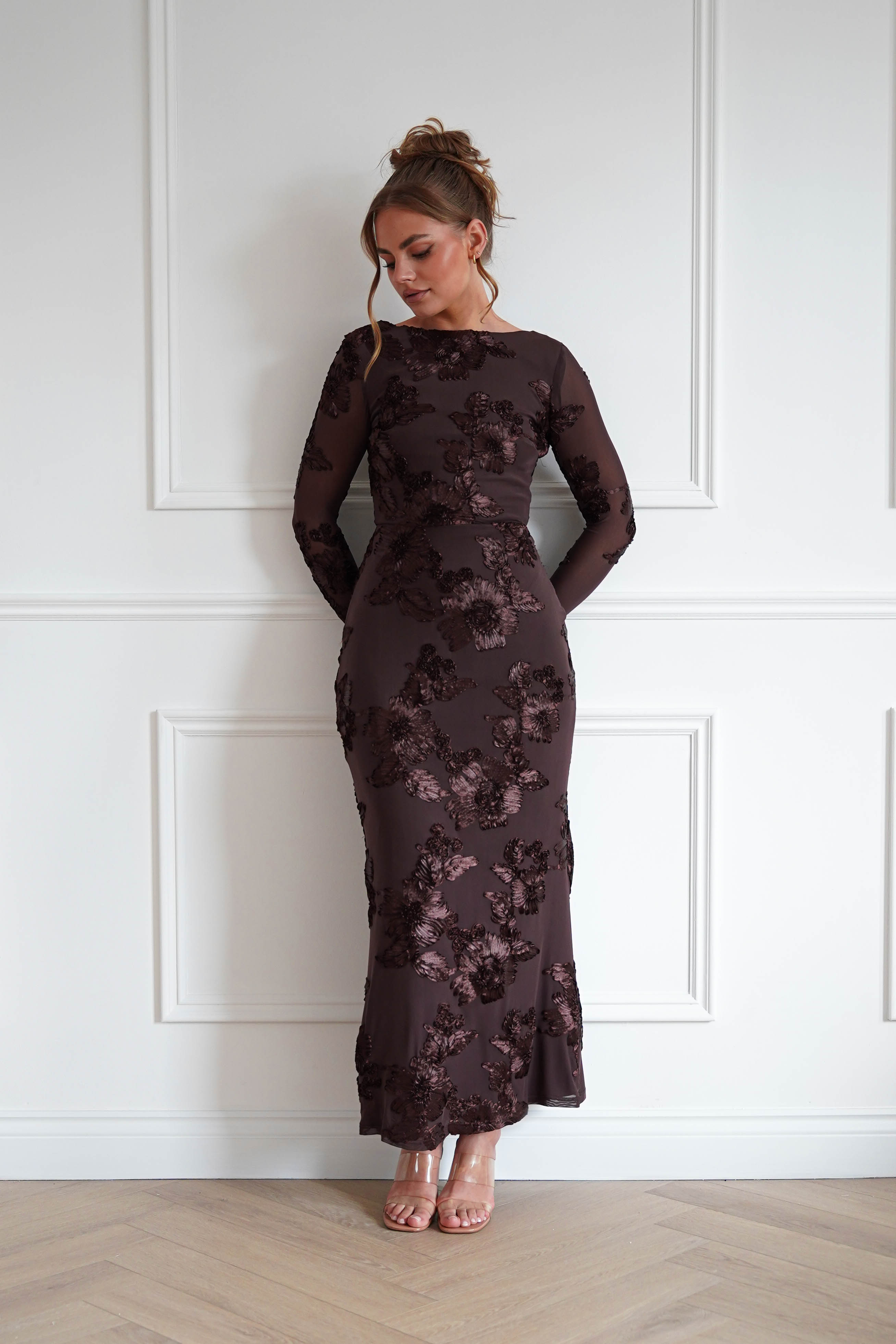 Oh Hello Clothing Women > Clothing > Dresses Amelita Long Sleeve Textured Maxi Dress | Brown
