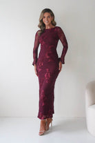 Oh Hello Clothing Dresses Amelita Long Sleeve Textured Maxi Dress | Wine