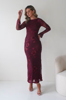 Oh Hello Clothing Dresses Amelita Long Sleeve Textured Maxi Dress | Wine