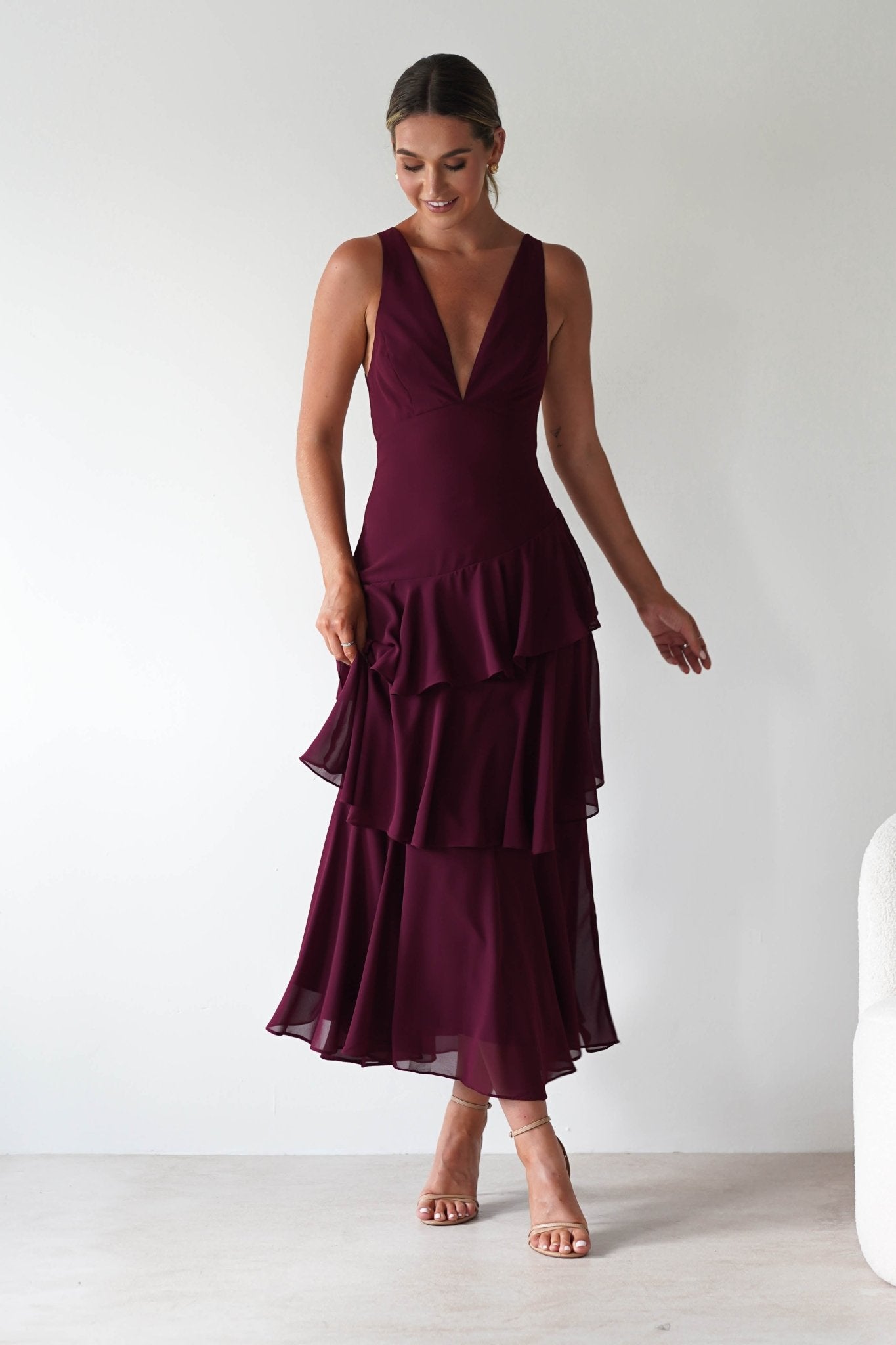 Andalusia Ruffle Maxi Dress Wine | Wedding Guest Dress | Maxi | Oh Hello Clothing