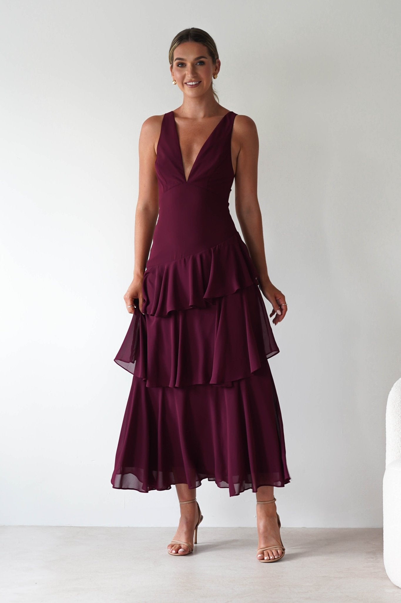 Andalusia Ruffle Maxi Dress Wine | Wedding Guest Dress | Maxi | Oh Hello Clothing