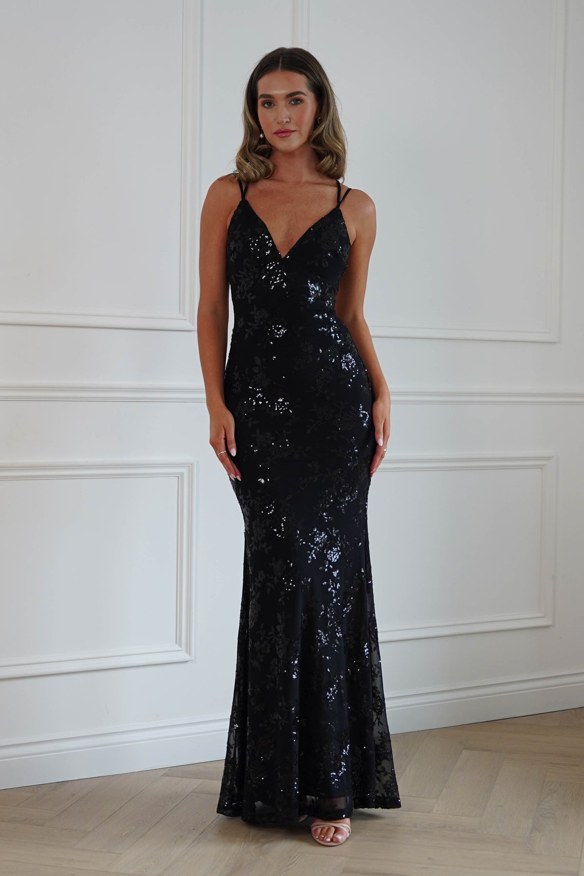 Oh Hello Clothing Dresses > Prom Dresses Andria Floral Sequin Maxi Gown | Black