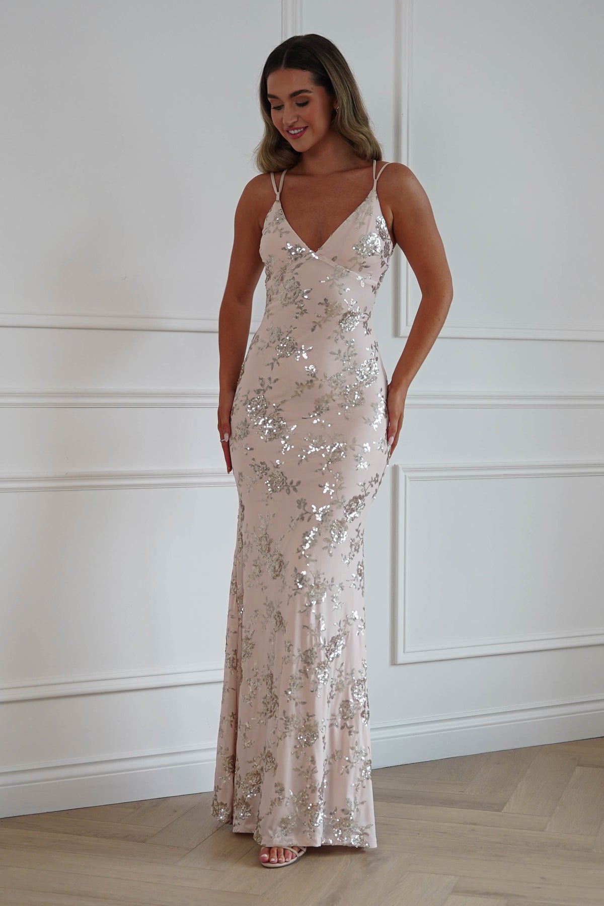 Oh Hello Clothing Dresses > Prom Dresses Andria Floral Sequin Maxi Gown | Champagne