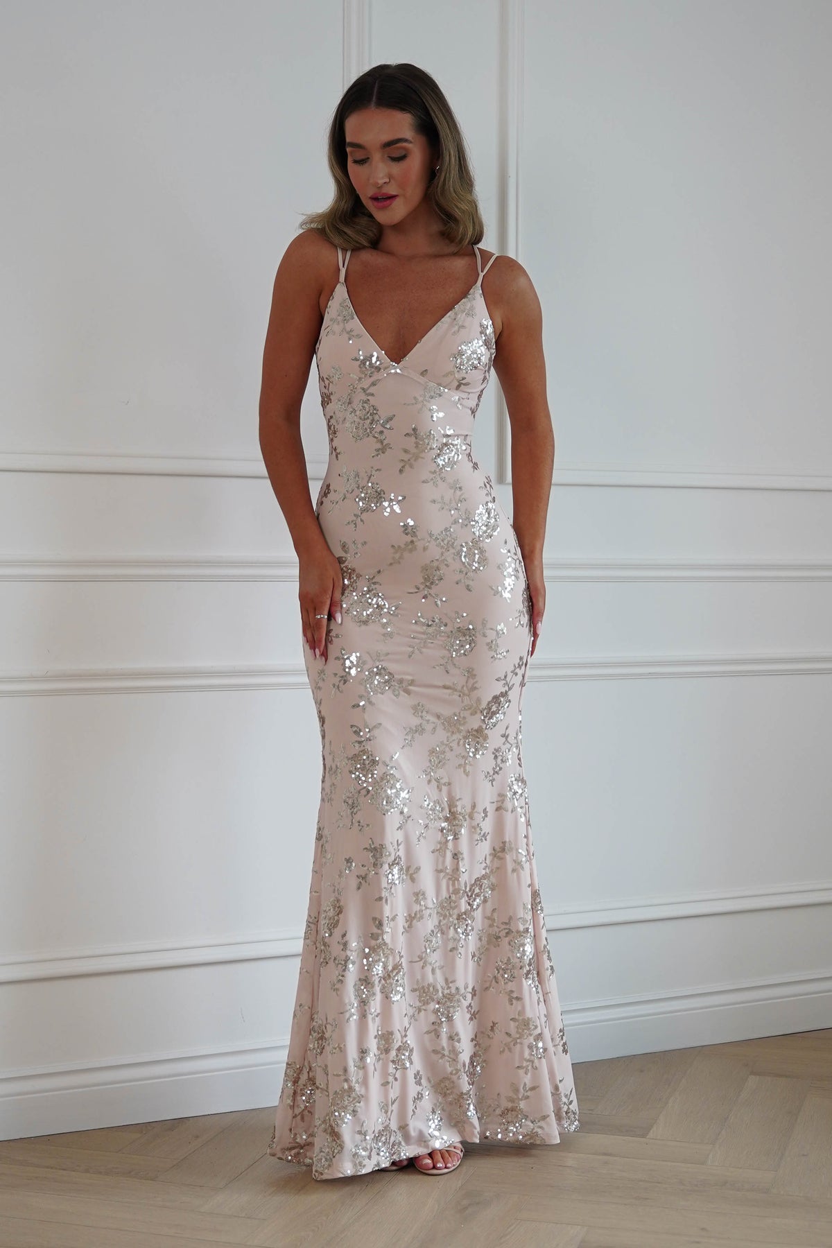 Oh Hello Clothing Dresses > Prom Dresses Andria Floral Sequin Maxi Gown | Champagne