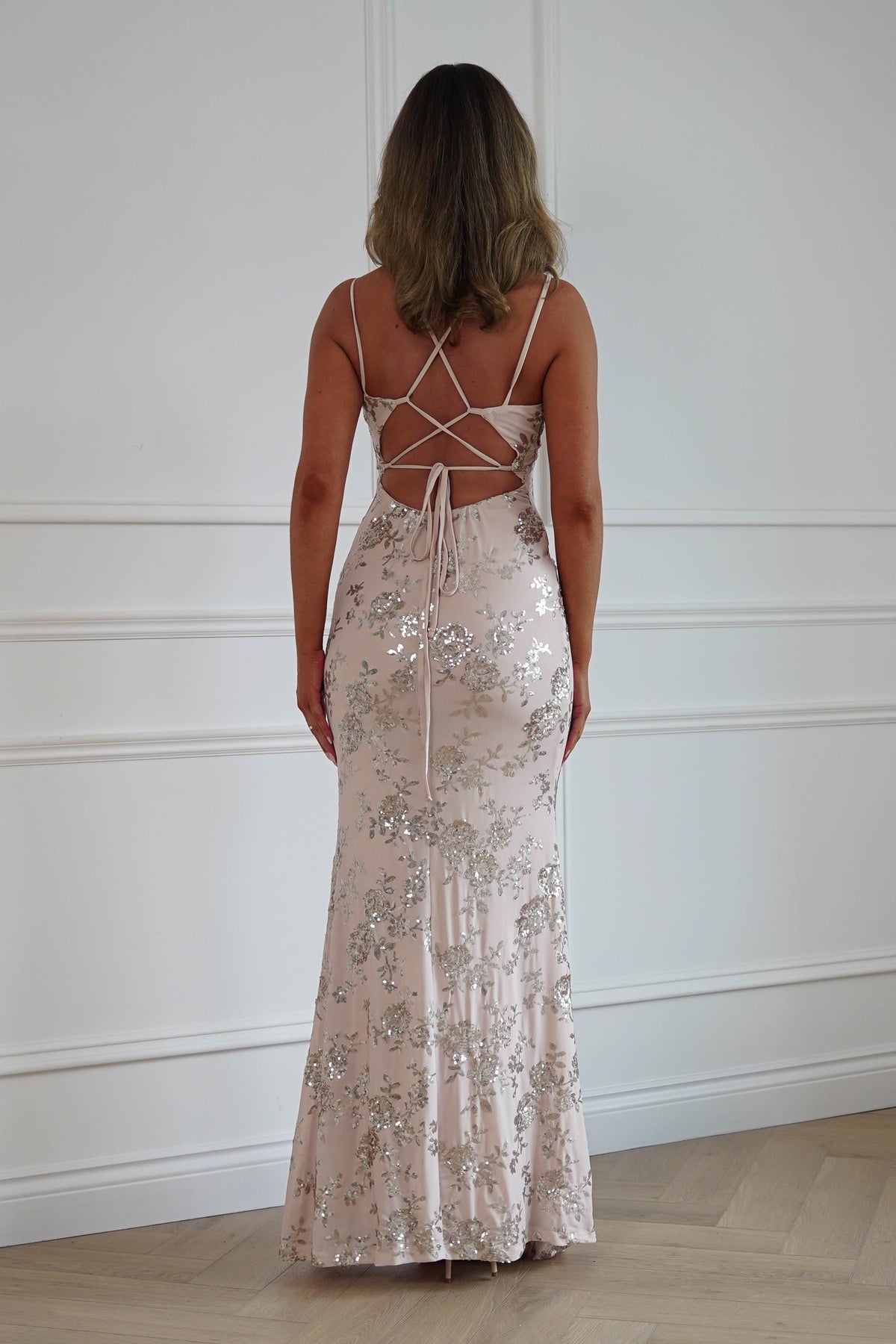 Oh Hello Clothing Dresses > Prom Dresses Andria Floral Sequin Maxi Gown | Champagne
