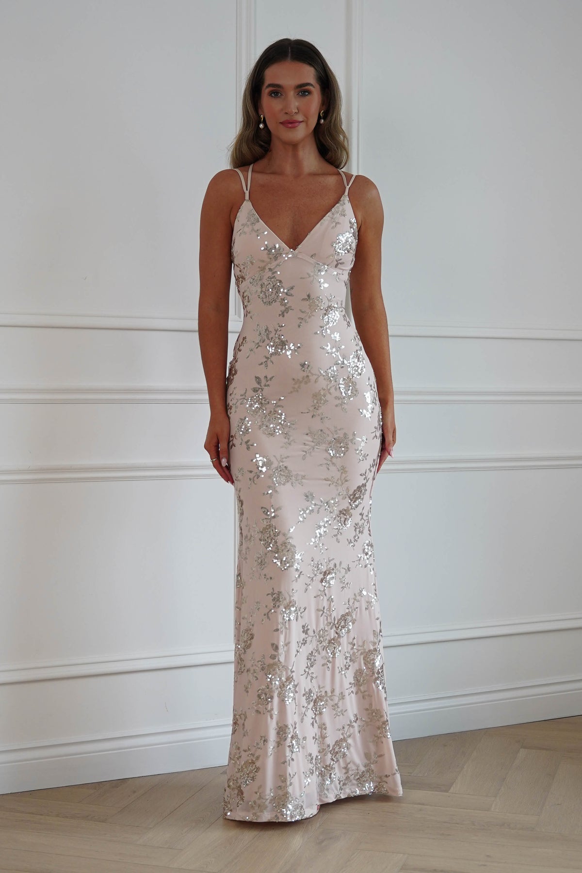 Oh Hello Clothing Dresses > Prom Dresses Andria Floral Sequin Maxi Gown | Champagne