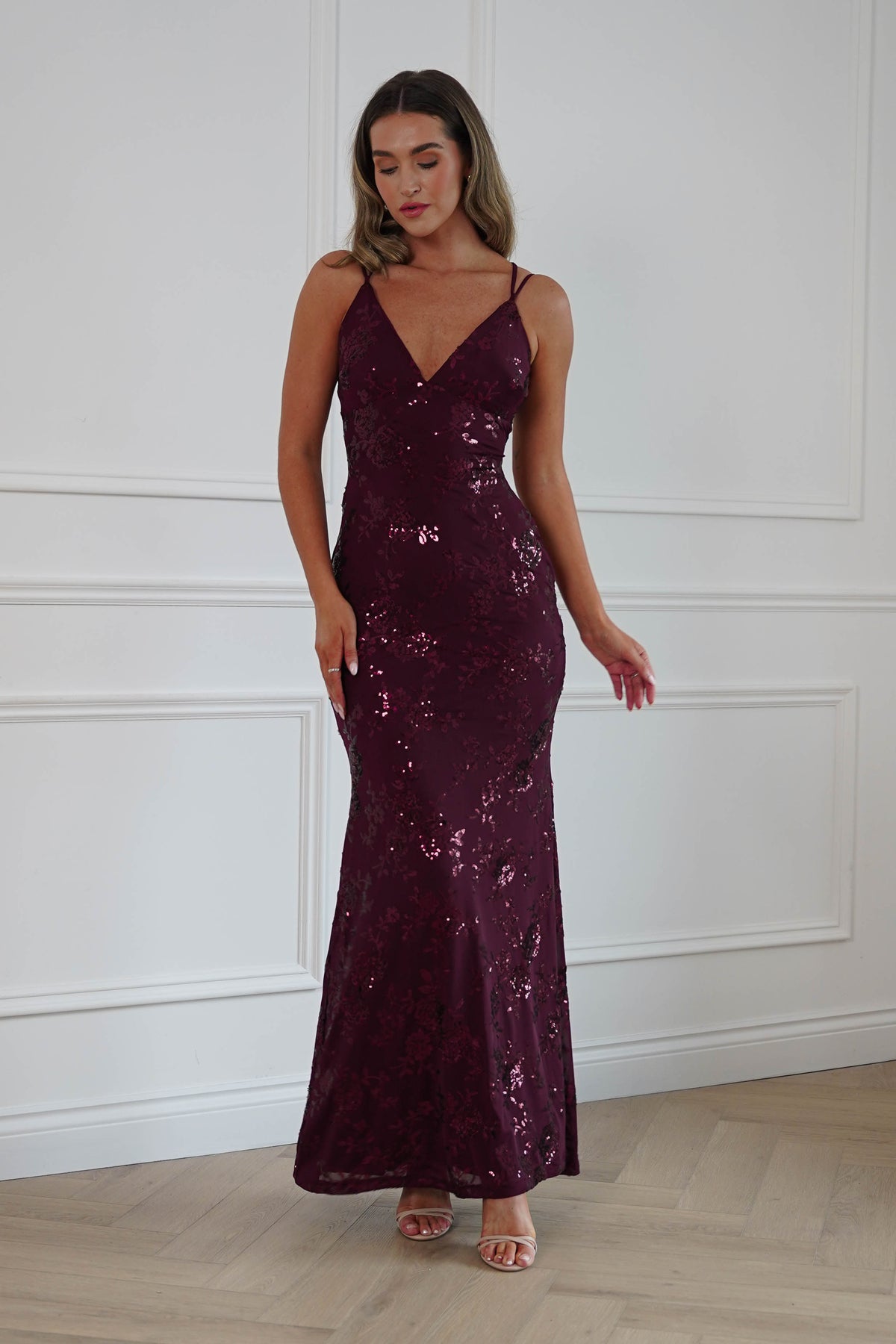 Oh Hello Clothing Dresses > Prom Dresses Andria Floral Sequin Maxi Gown | Wine