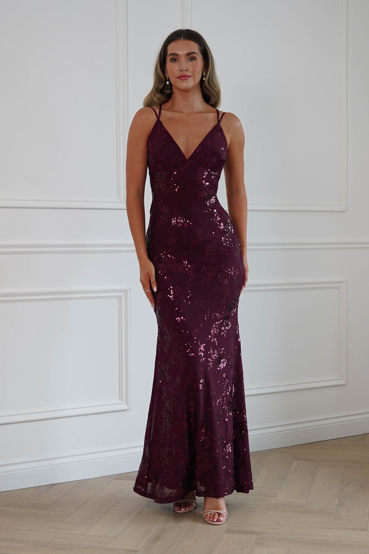 Oh Hello Clothing Dresses > Prom Dresses Andria Floral Sequin Maxi Gown | Wine