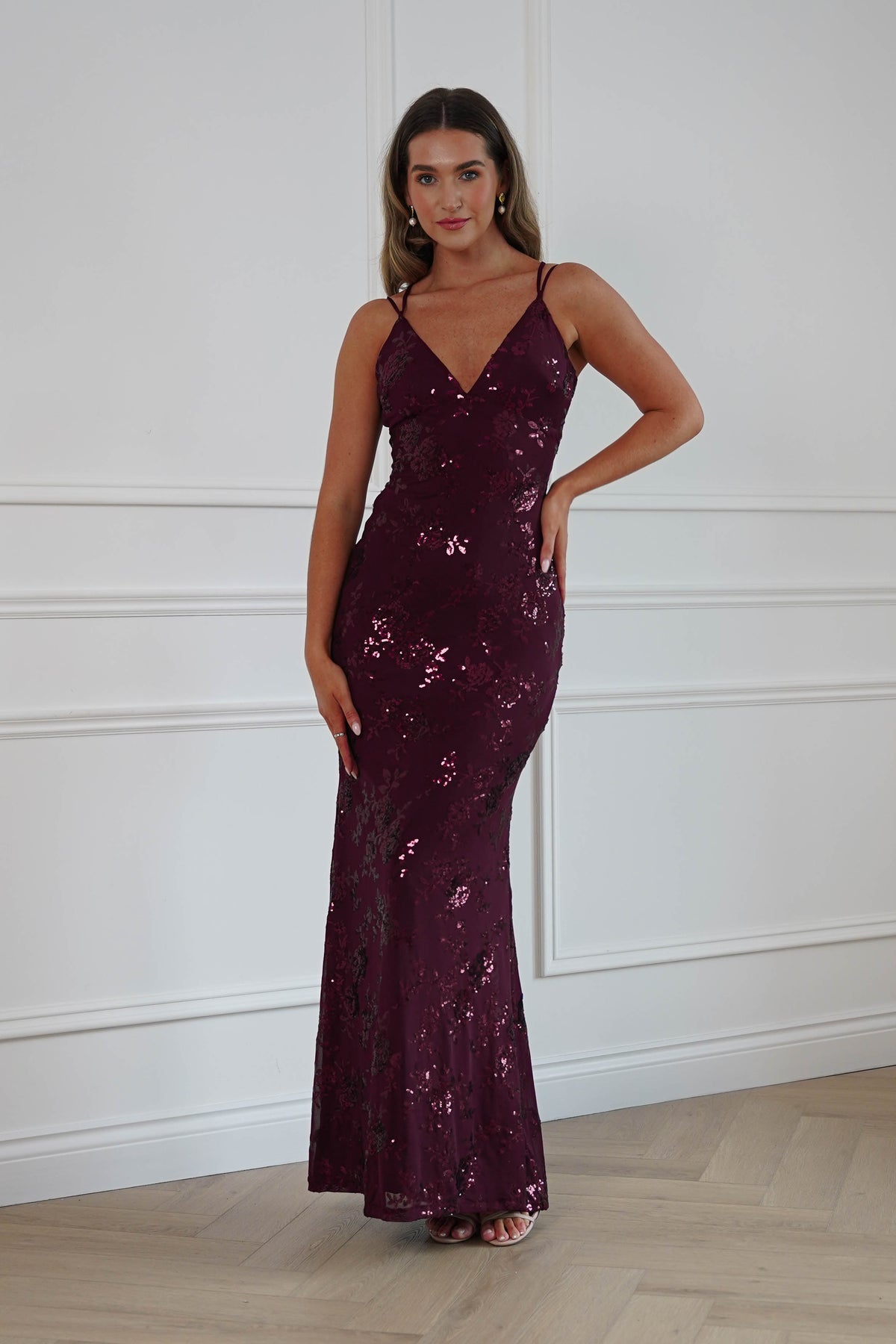 Oh Hello Clothing Dresses > Prom Dresses Andria Floral Sequin Maxi Gown | Wine