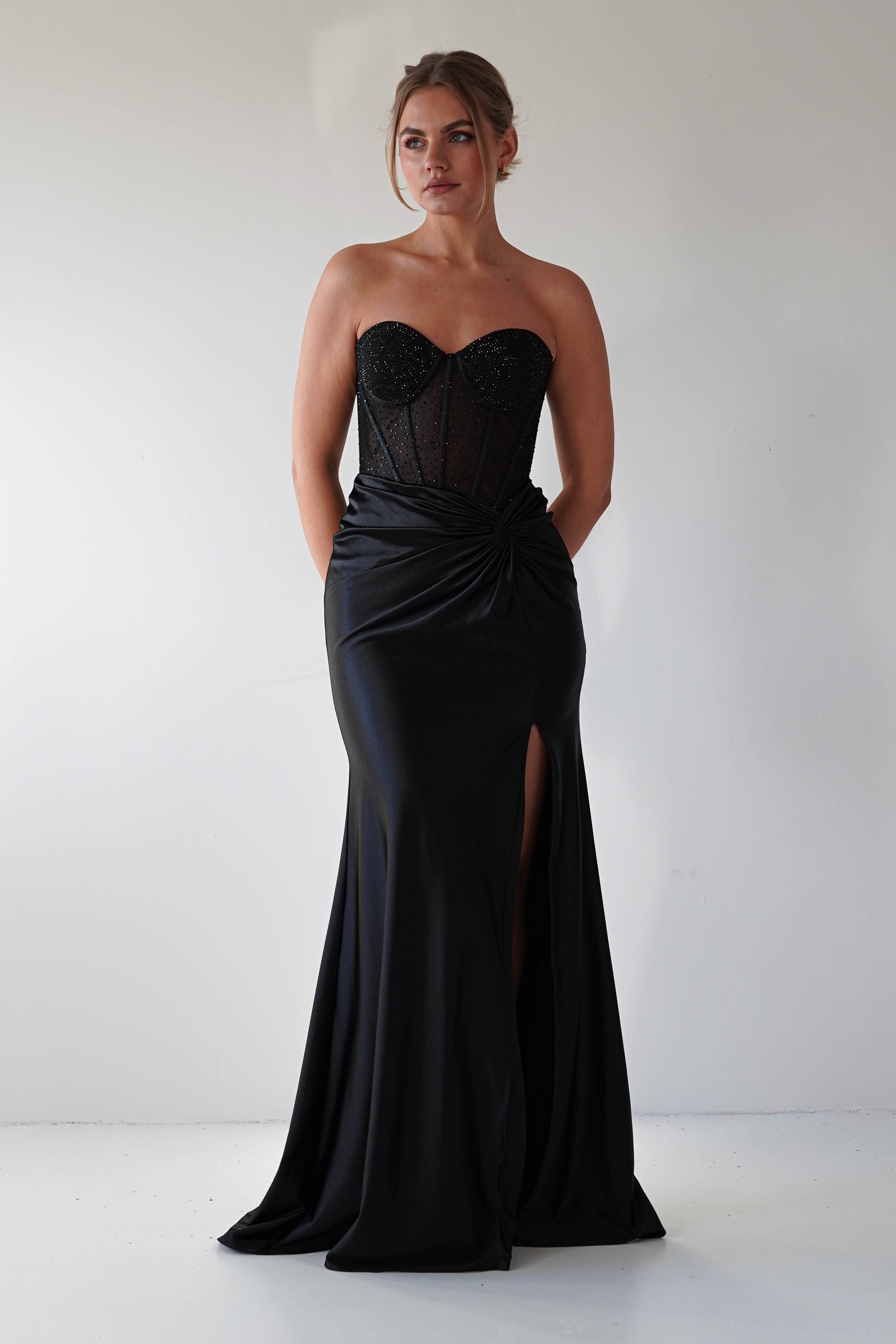Andrina Rhinestone Strapless Gown | Black | Debs & Prom | Formal Gown | Oh Hello Clothing