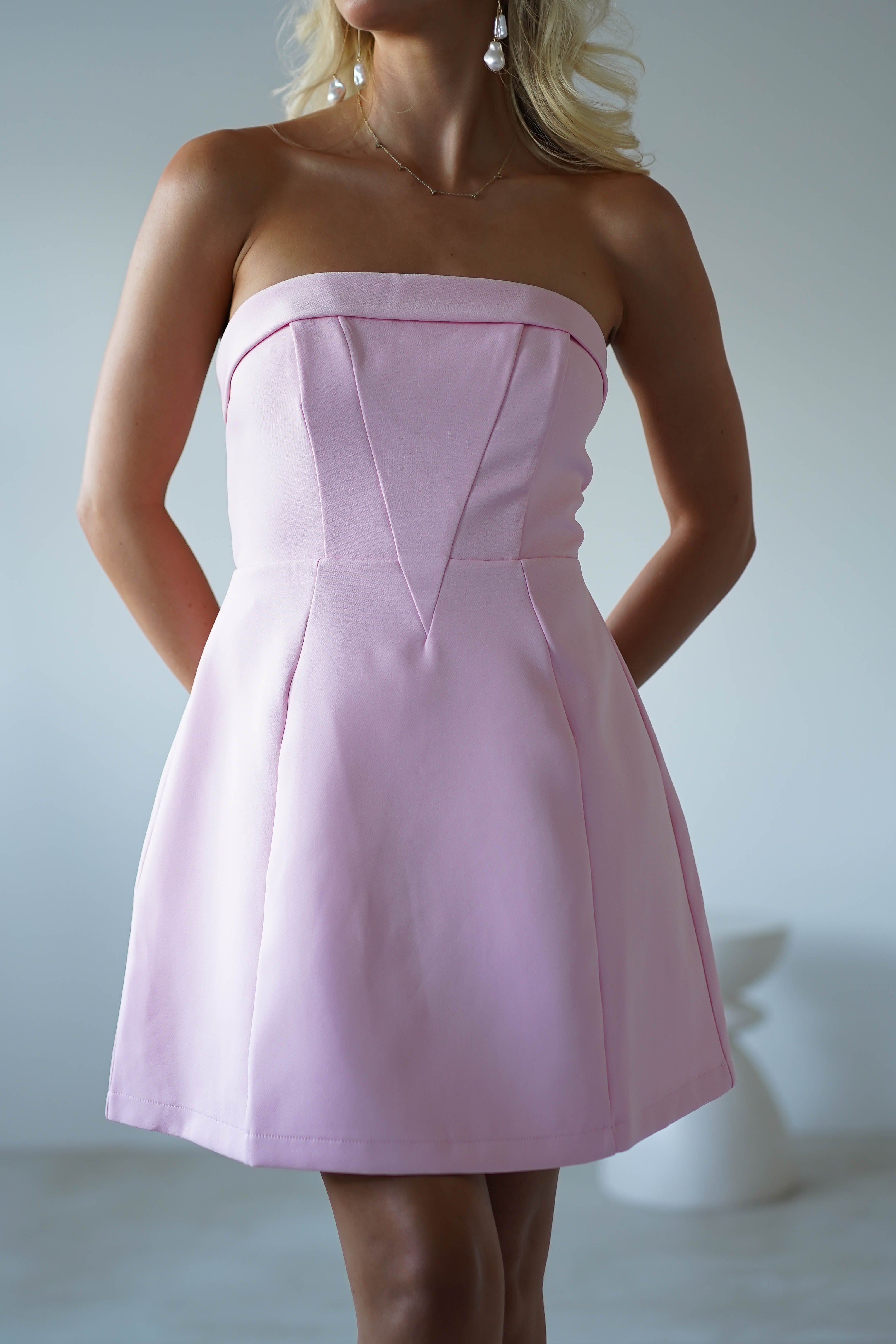 Angelica Strapless Structured Mini Dress Pink | Wedding Guest Dress | Oh Hello Clothing