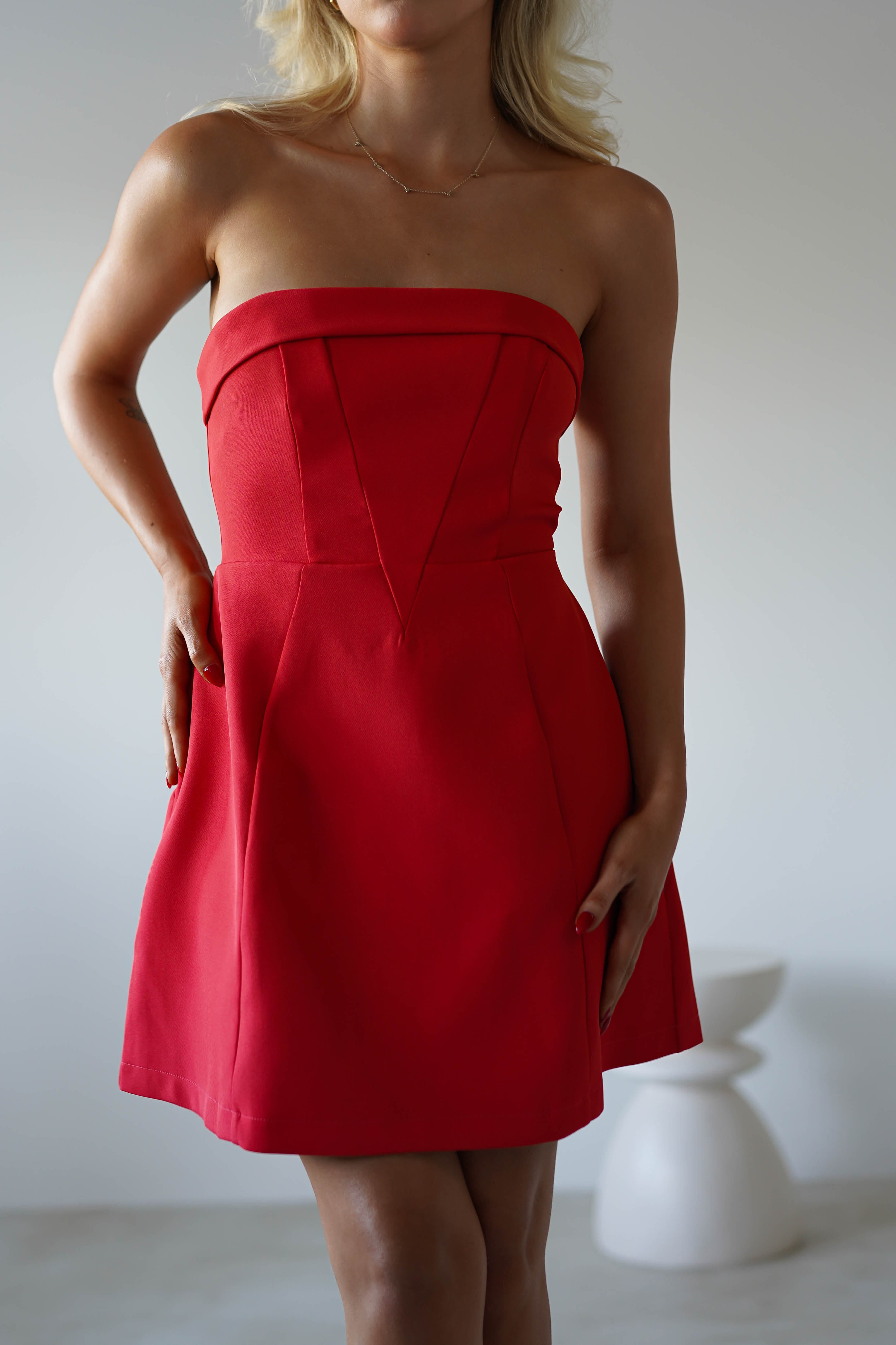 Angelica Strapless Structured Mini Dress Red | Wedding Guest Dress | Oh Hello Clothing