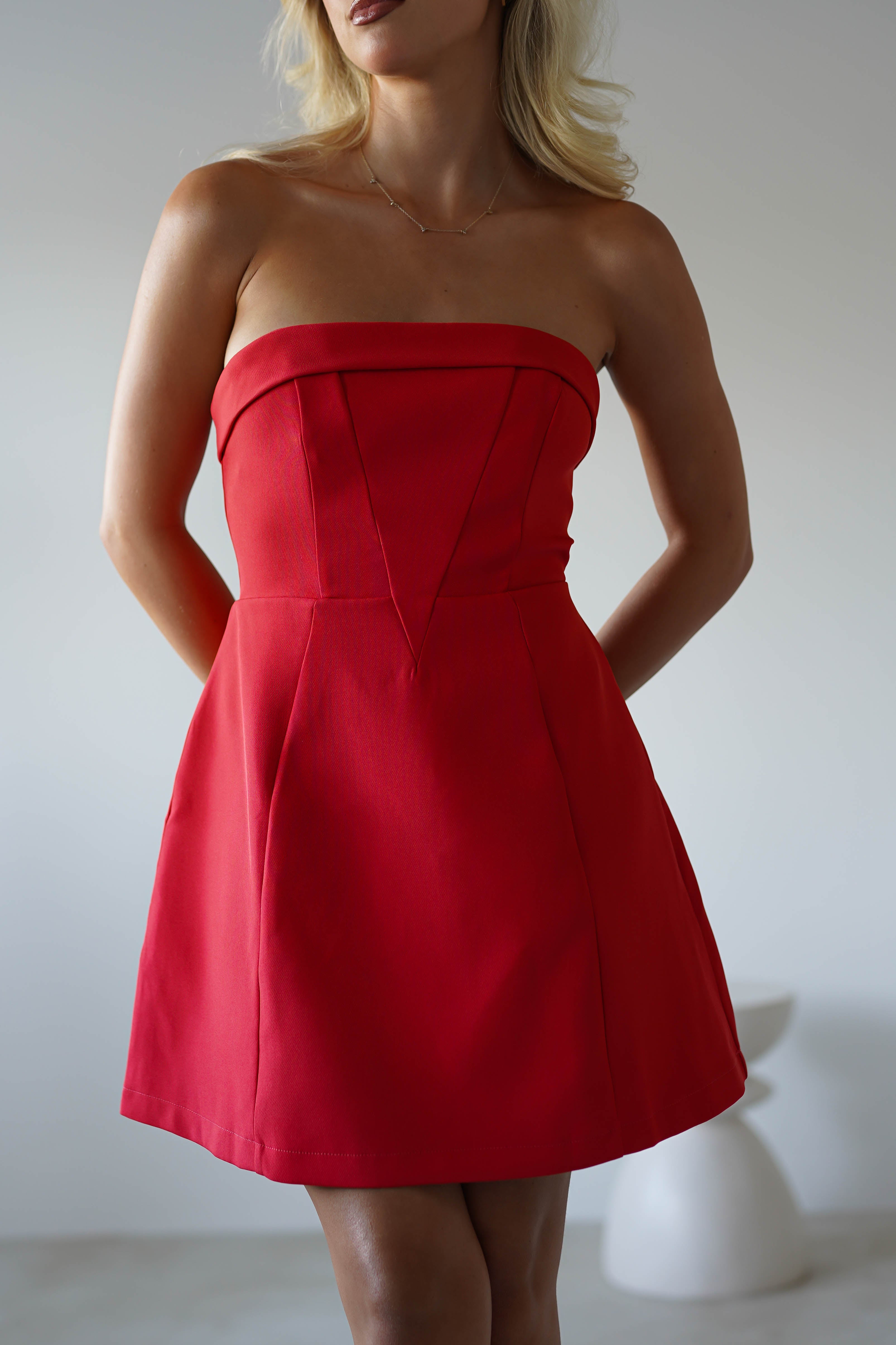 Angelica Strapless Structured Mini Dress Red | Wedding Guest Dress | Oh Hello Clothing