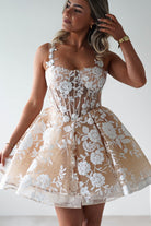 Anziel Mini Skater Dress Floral Embroidery | Nude | Graduation | Bride To Be Hen Dress | Oh Hello Clothing
