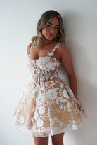 Anziel Mini Skater Dress Floral Embroidery | Nude | Graduation | Bride To Be Hen Dress | Oh Hello Clothing